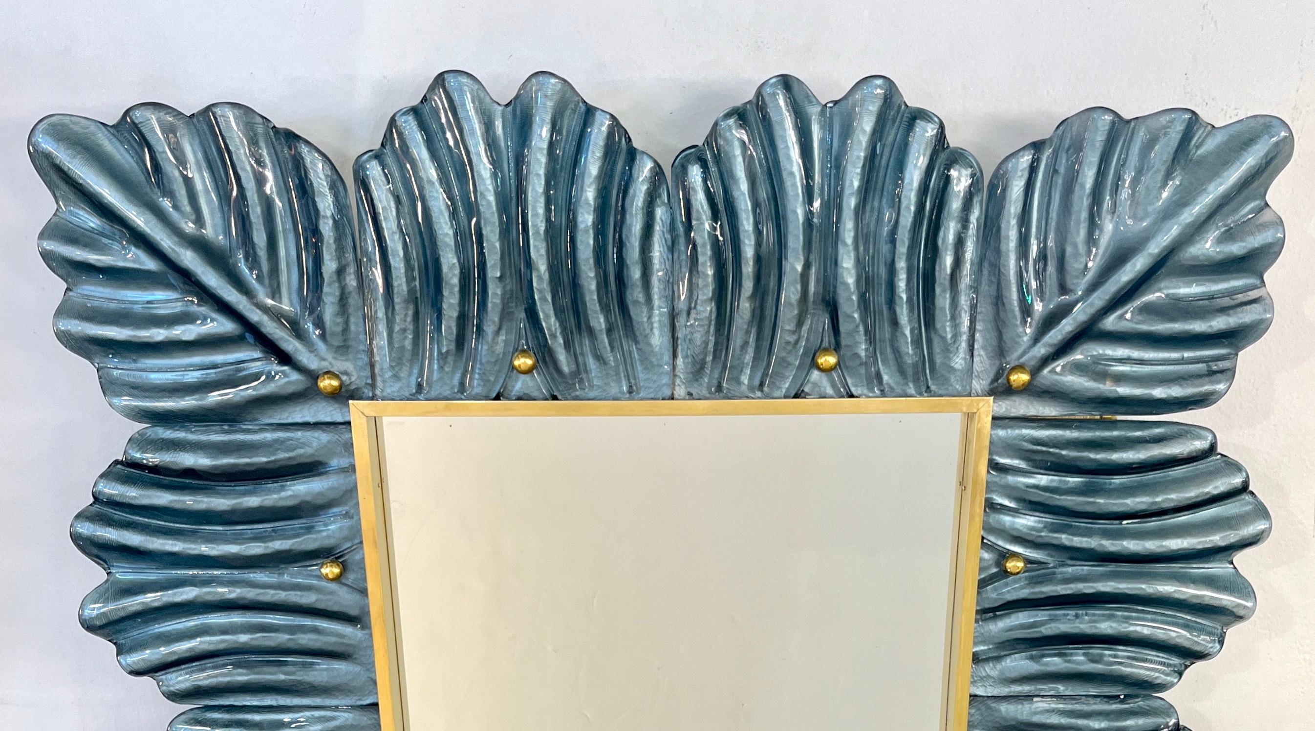 Miroir en verre de Murano, laiton, sur mesure, italien, moderne, Leaf Design Avio Silver Blue en vente 4