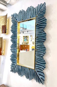 Bespoke Italian Modern Leaf Design Silver Teal Blue Murano Glass Brass Mirror