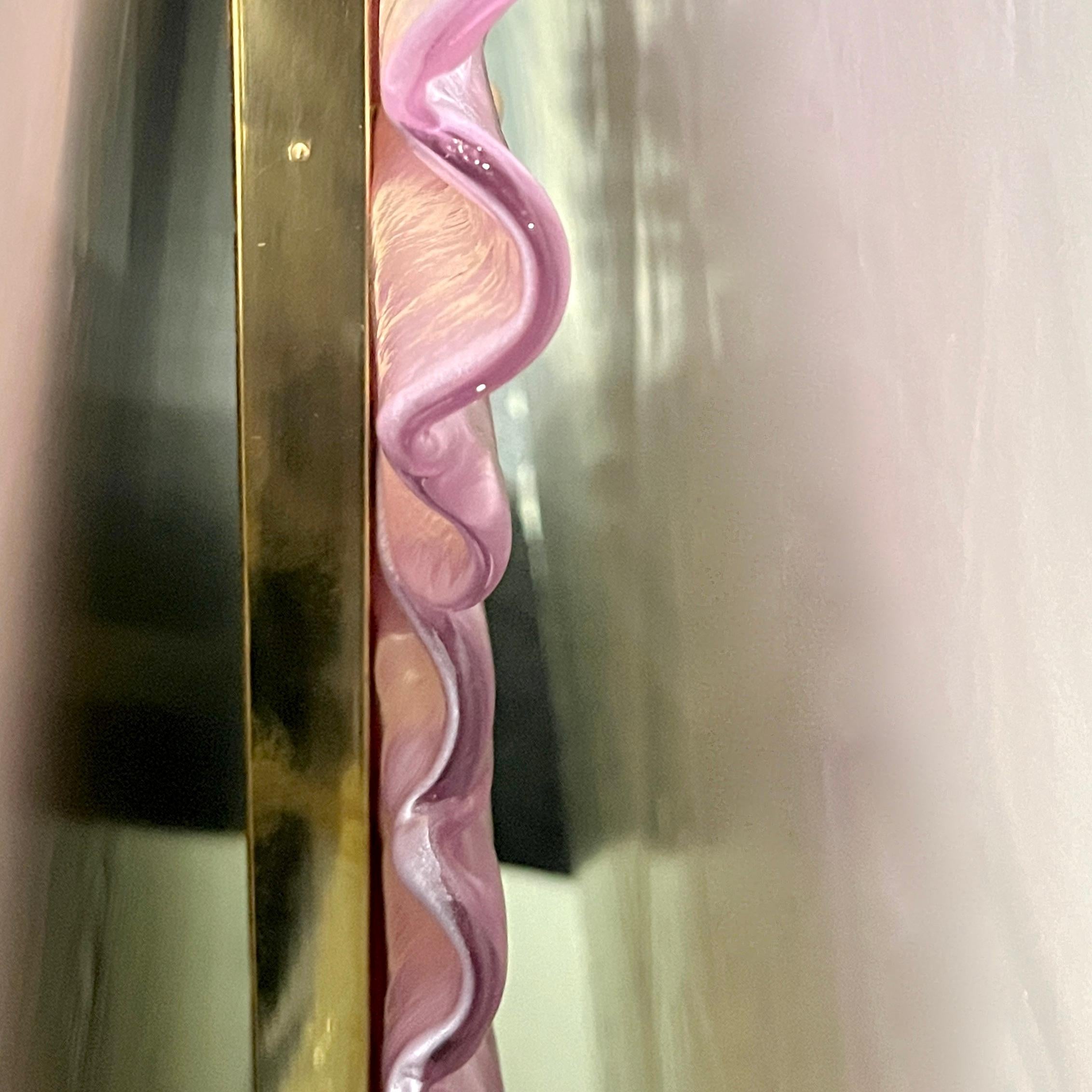 Italian Modern Leaf Design Pearl Pink Crystal Murano Glass Large Brass Mirror For Sale 4