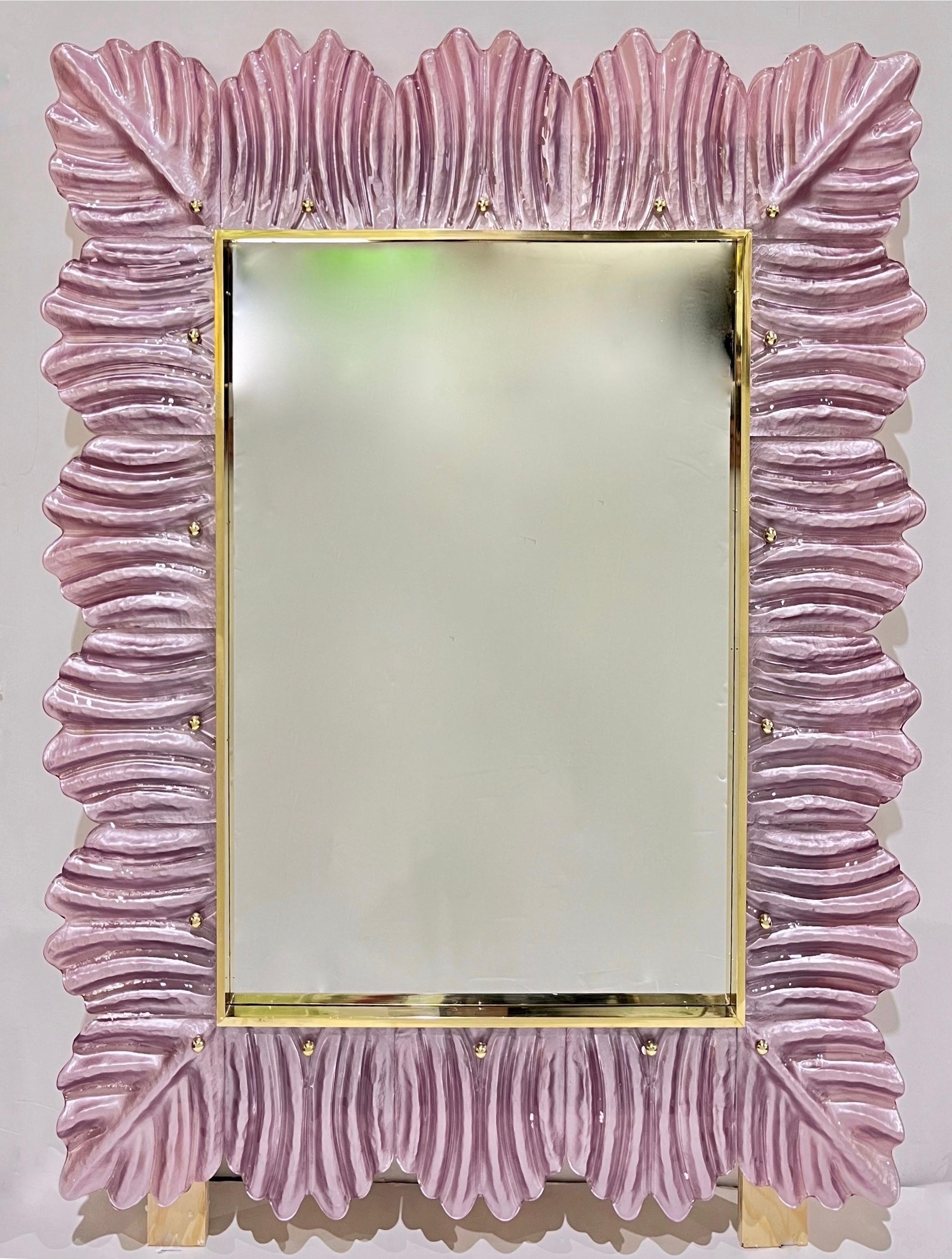 Italian Modern Leaf Design Pearl Pink Crystal Murano Glass Large Brass Mirror For Sale 5