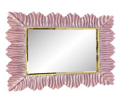 Italian Modern Leaf Design Pearl Pink Crystal Murano Glass Large Brass Mirror