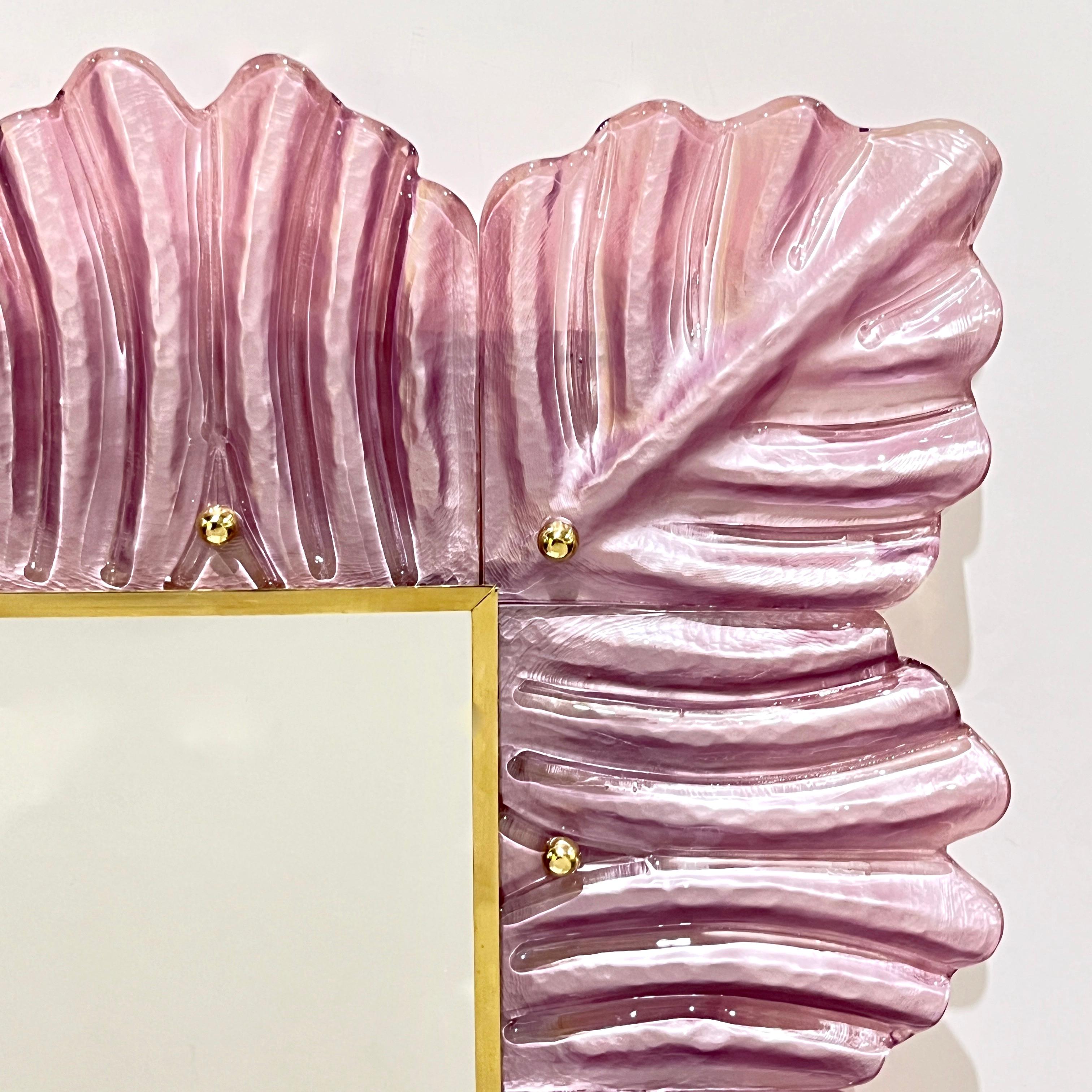 Art Deco Italian Modern Leaf Design Pearl Pink Crystal Murano Glass Large Brass Mirror For Sale