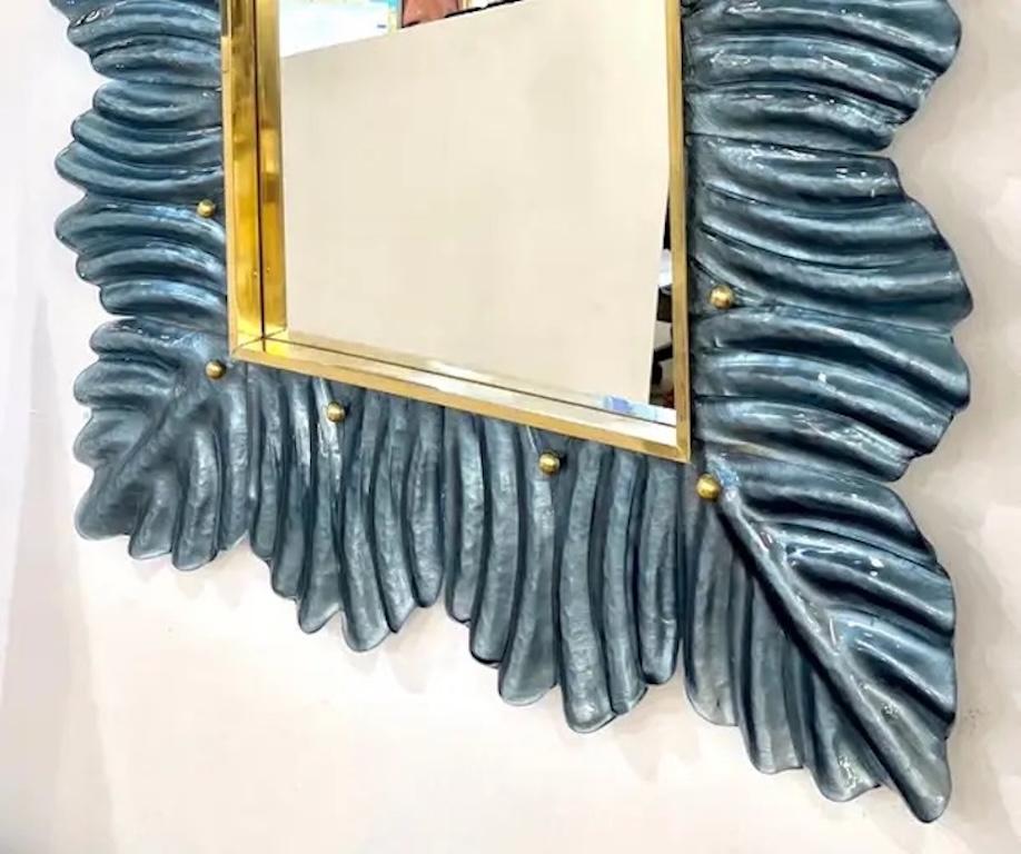 Italian Modern Leaf Design Pearl Pink Crystal Murano Glass Large Brass Mirror For Sale 2
