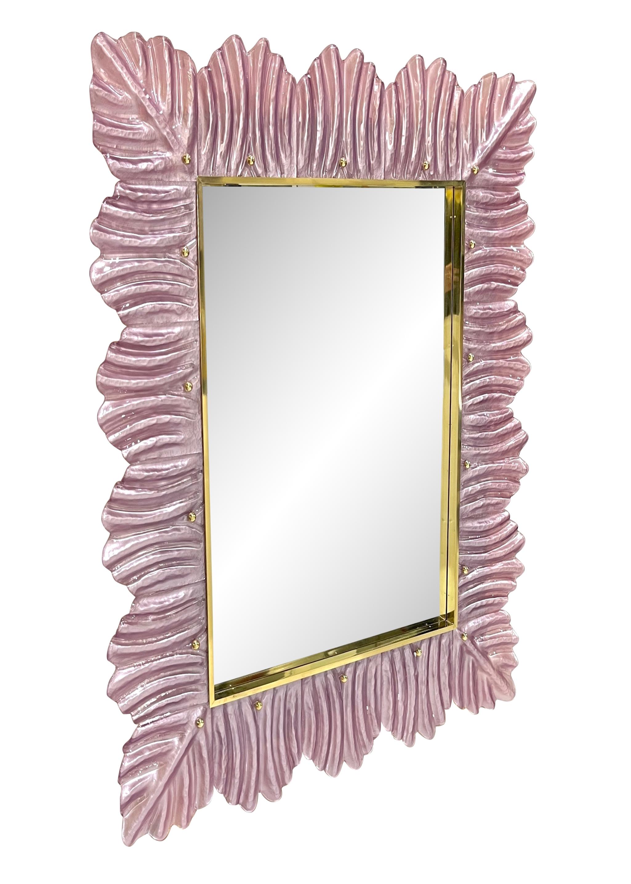 Italian Modern Leaf Design Pearl Pink Crystal Murano Glass Large Brass Mirror For Sale 3