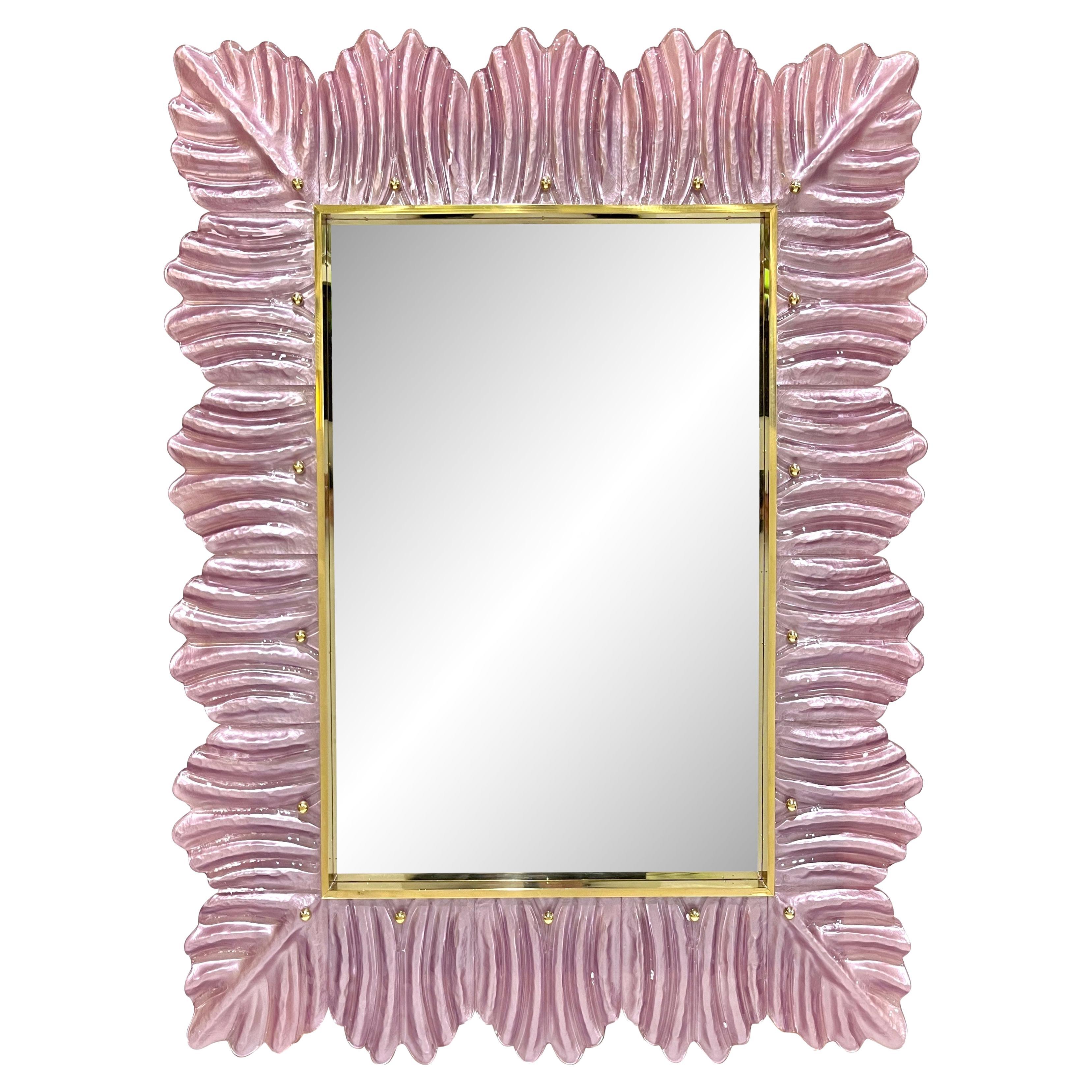Italian Modern Leaf Design Pearl Pink Crystal Murano Glass Large Brass Mirror For Sale