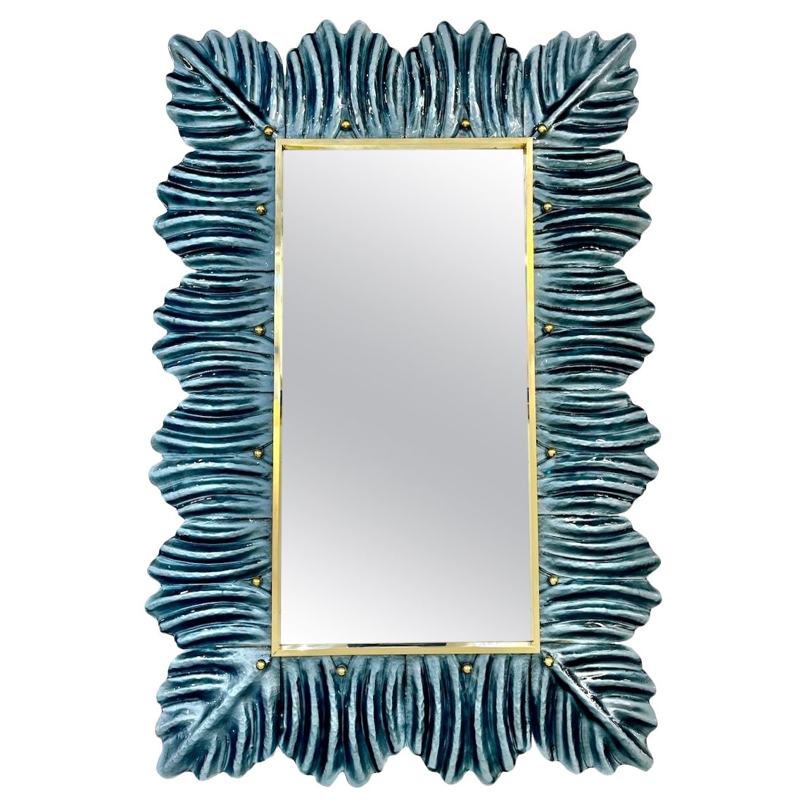 Bespoke Italian Modern Leaf Design Silver Teal Blue Murano Glass Brass Mirror
