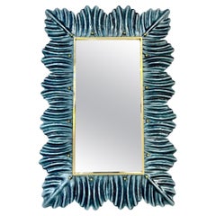 Bespoke Italian Modern Leaf Design Silver Teal Blue Murano Glass Brass Mirror