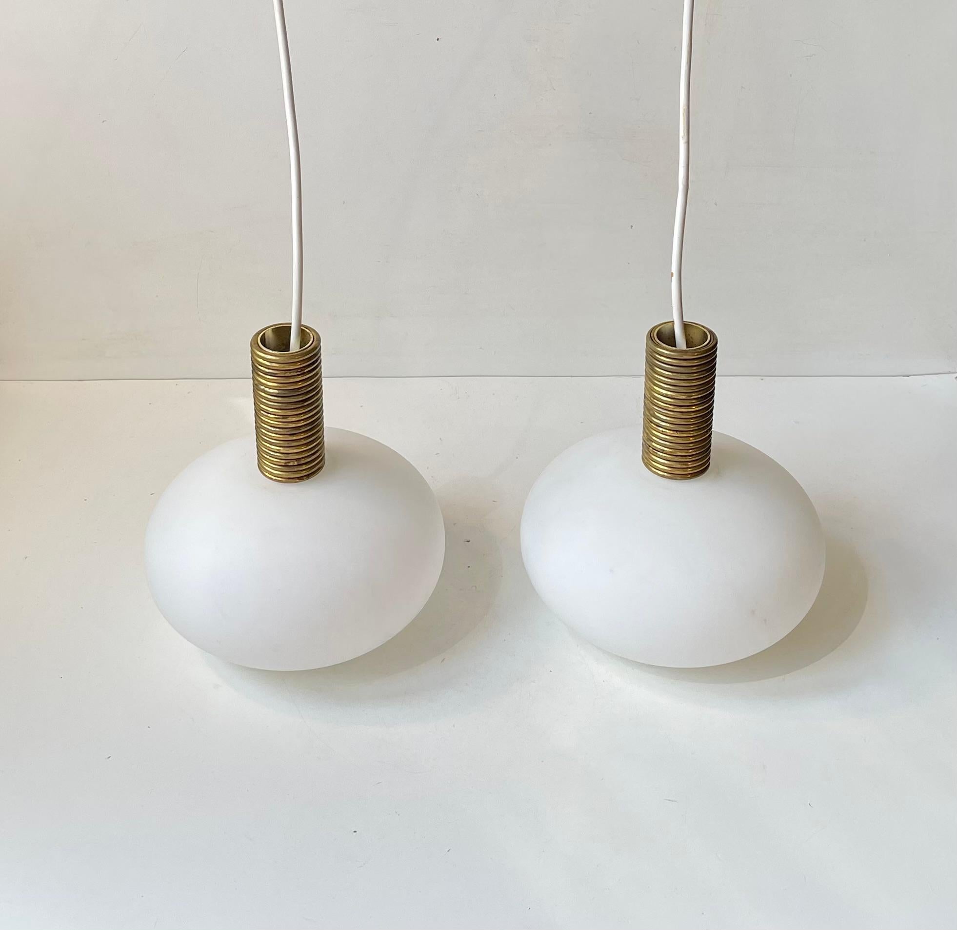 Bespoke Italian Modern Pendant Lamps in Brass and White Glass, 1970s In Good Condition In Esbjerg, DK
