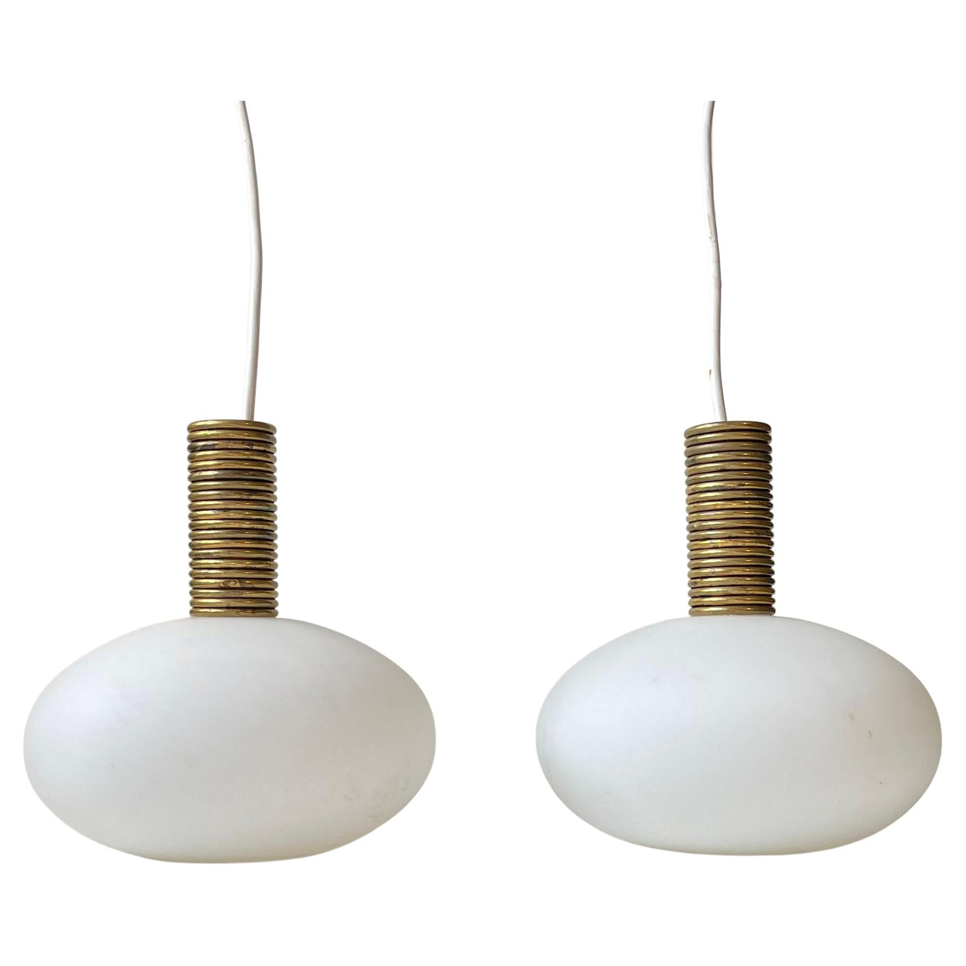 Bespoke Italian Modern Pendant Lamps in Brass and White Glass, 1970s