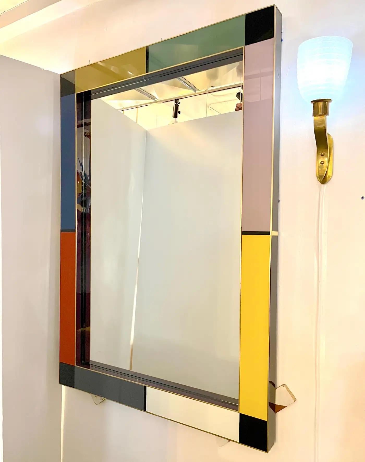 Hand-Crafted Bespoke Italian Mondrian Decor Orange Yellow Gray Black White Gold Glass Mirror For Sale