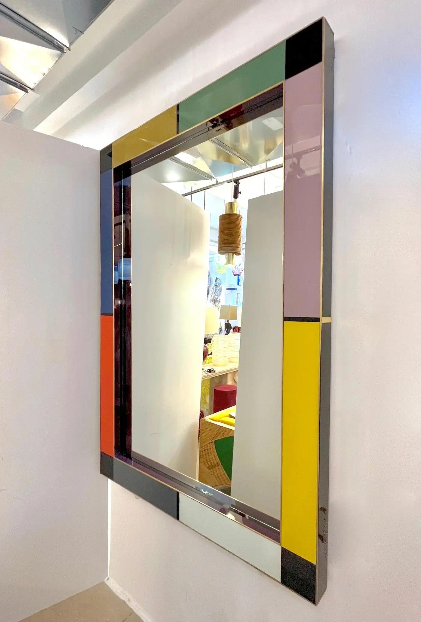 Contemporary Bespoke Italian Mondrian Decor Orange Yellow Gray Black White Gold Glass Mirror For Sale