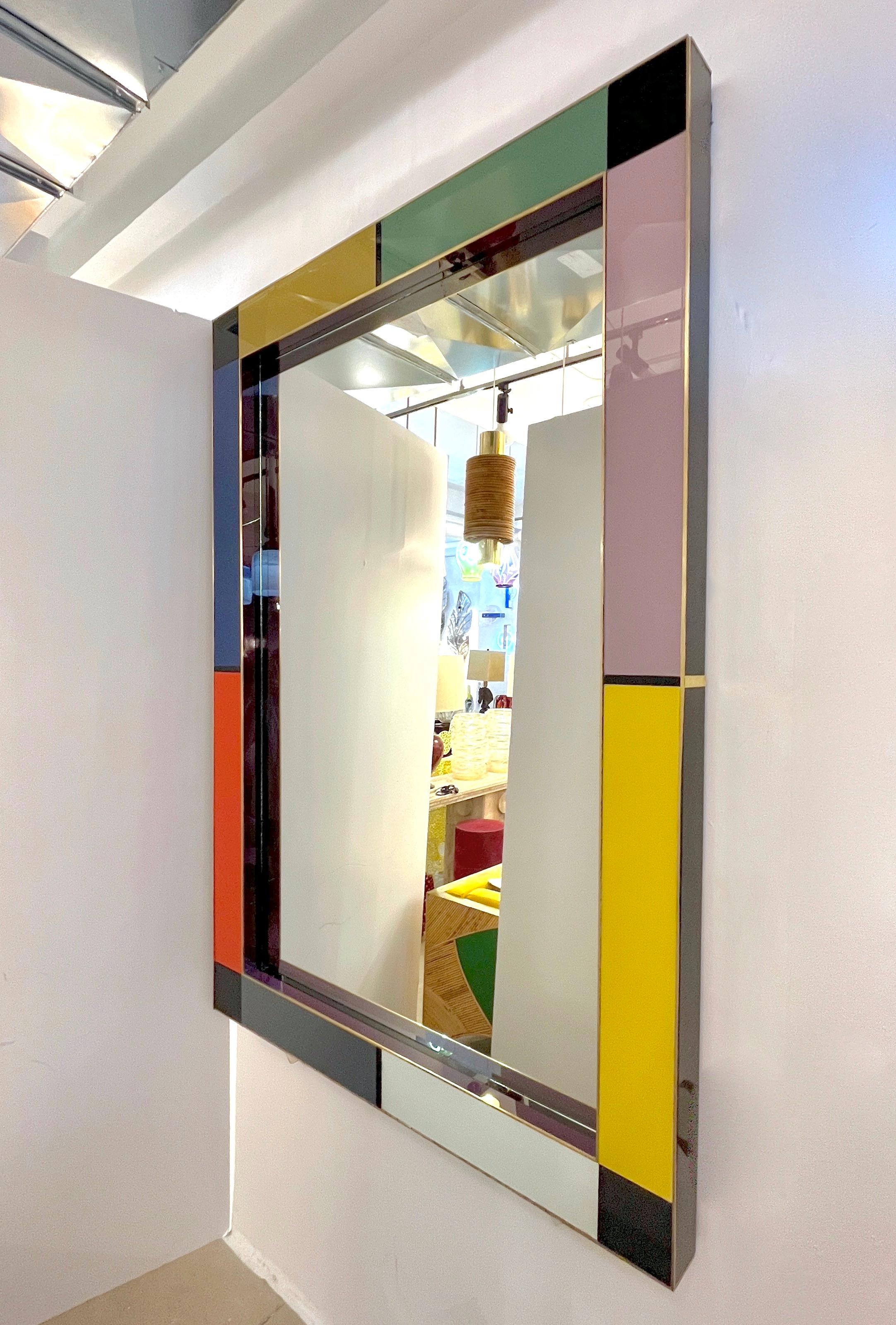 Bespoke Italian Mondrian Decor Arancione Giallo Grigio Nero Bianco Oro Vetro Specchio In condizioni ottime in vendita a New York, NY