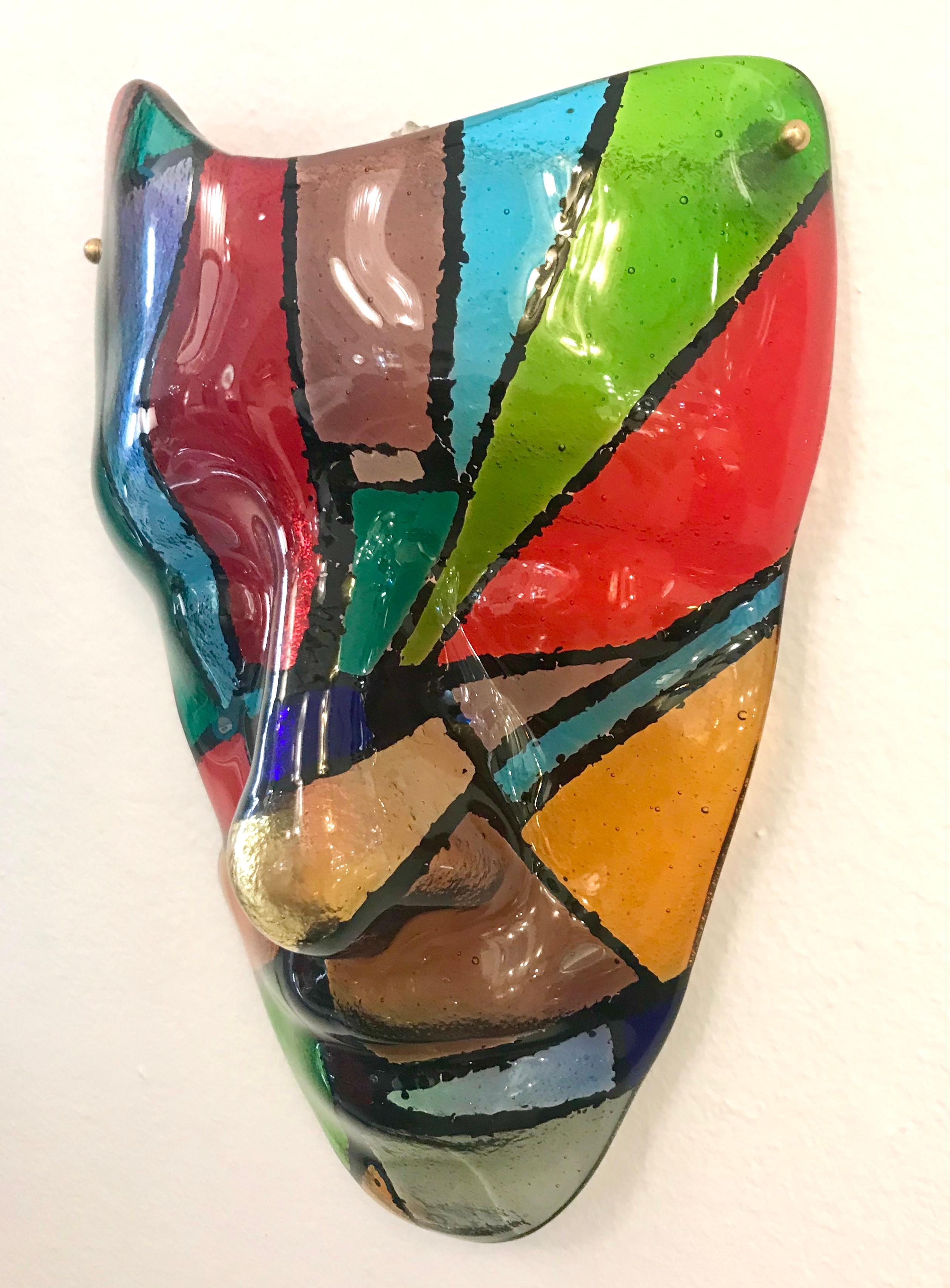 Fait main Sculpture de masque italienne sur mesure en verre de Murano bleu, vert, rouge et noir de style Mondrian en vente