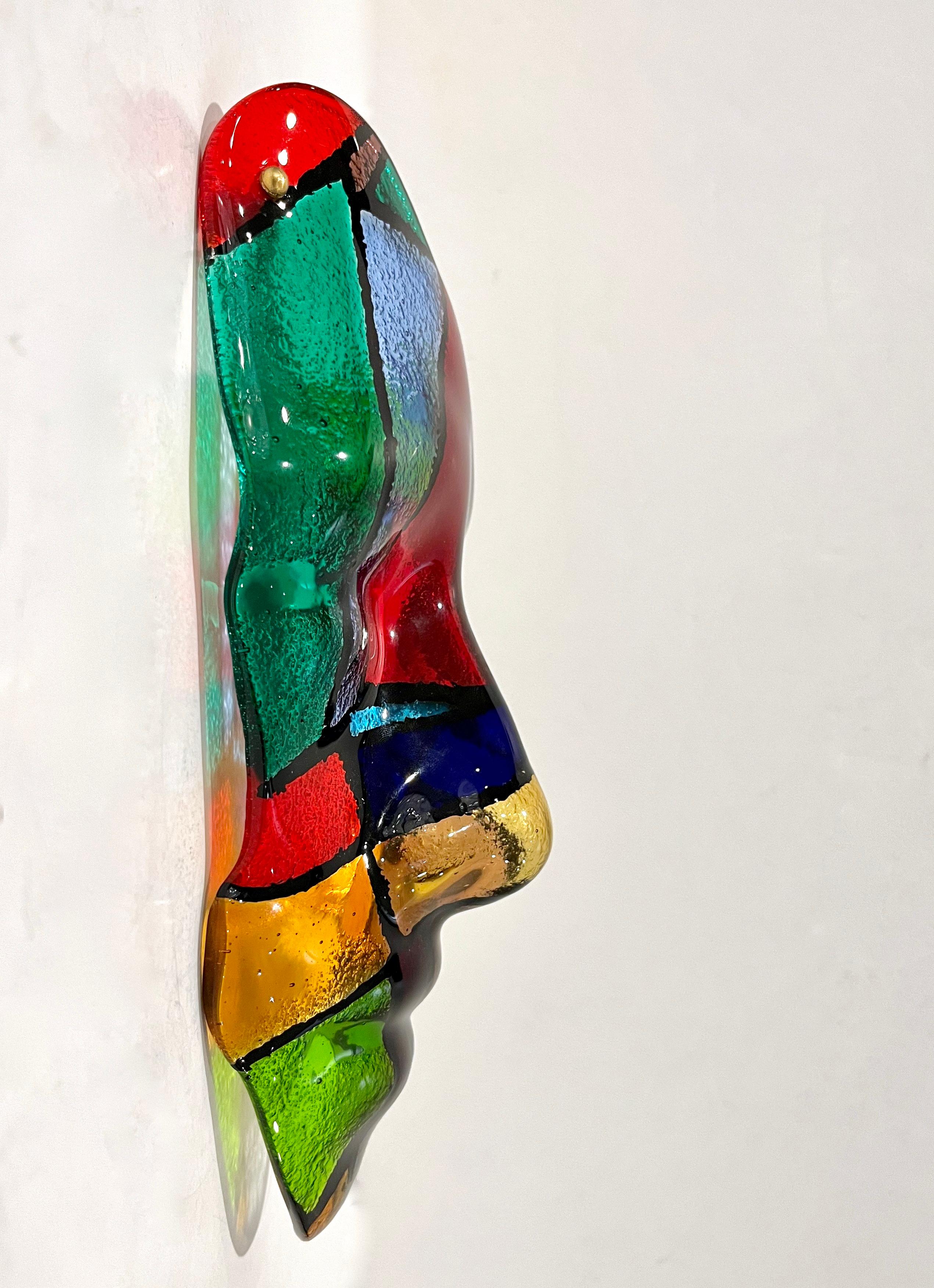 Bespoke Italian Mondrian Style Blue Green Red Black Murano Glass Mask Sculpture In Excellent Condition For Sale In New York, NY