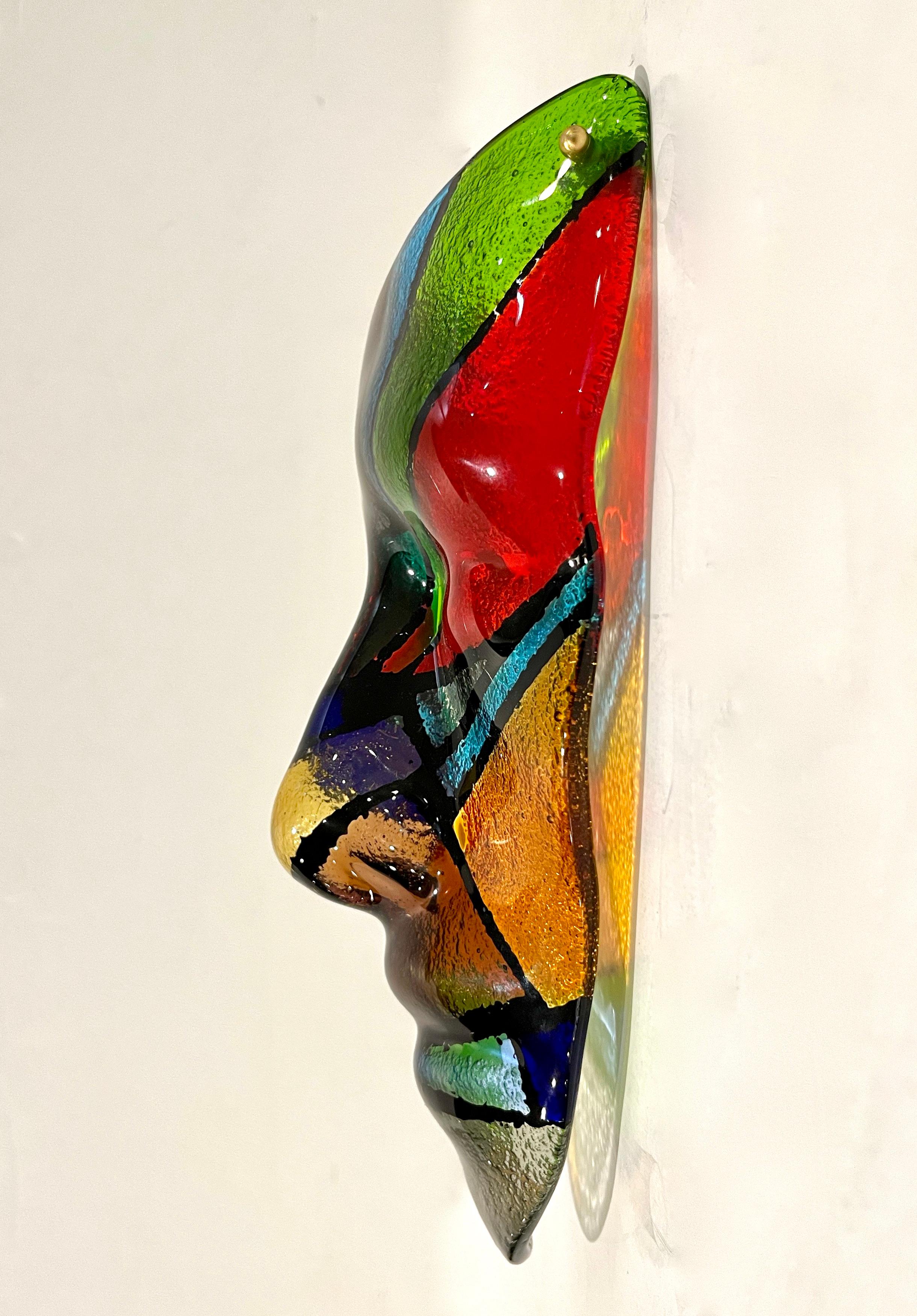 Verre d'art Sculpture de masque italienne sur mesure en verre de Murano bleu, vert, rouge et noir de style Mondrian en vente
