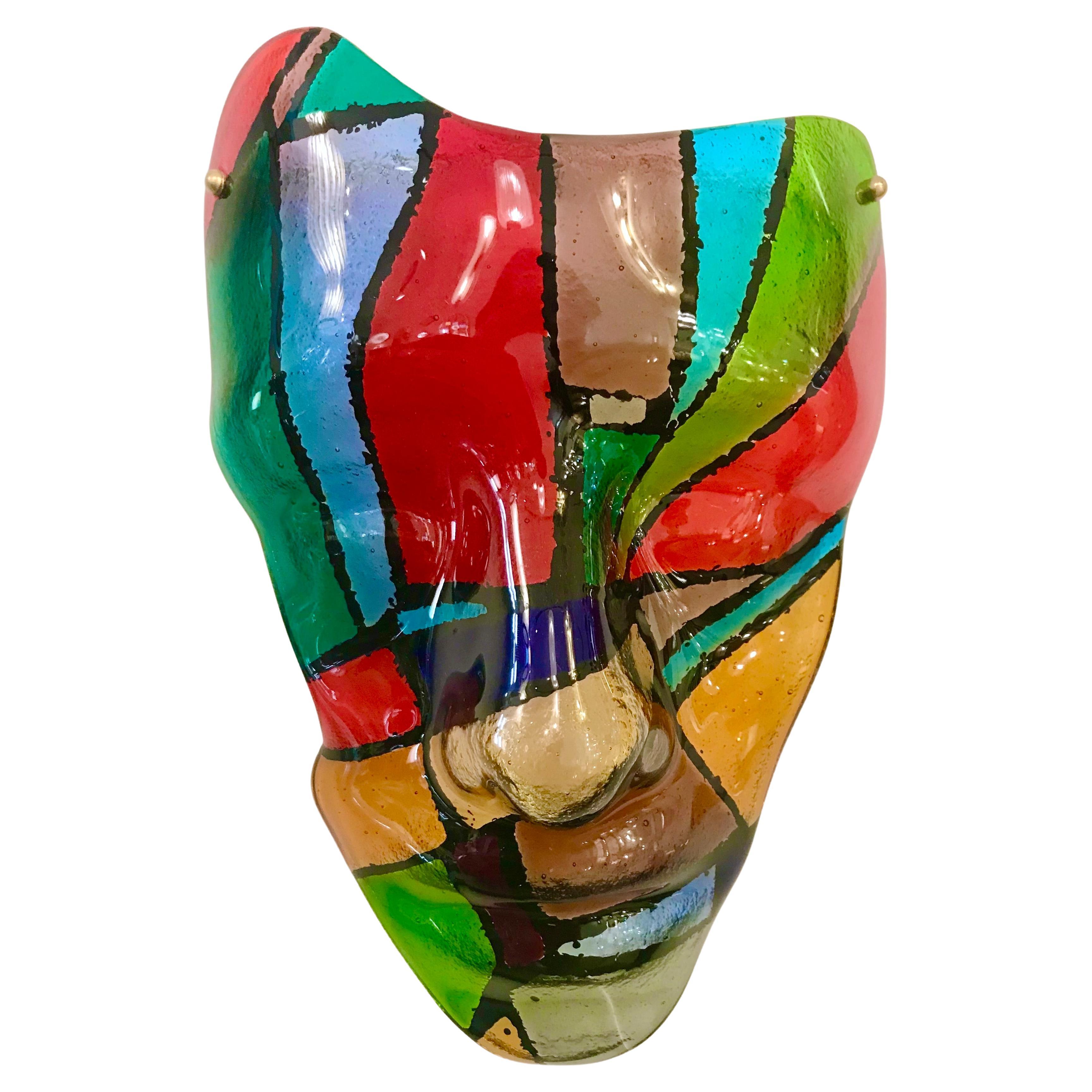 Sculpture de masque italienne sur mesure en verre de Murano bleu, vert, rouge et noir de style Mondrian