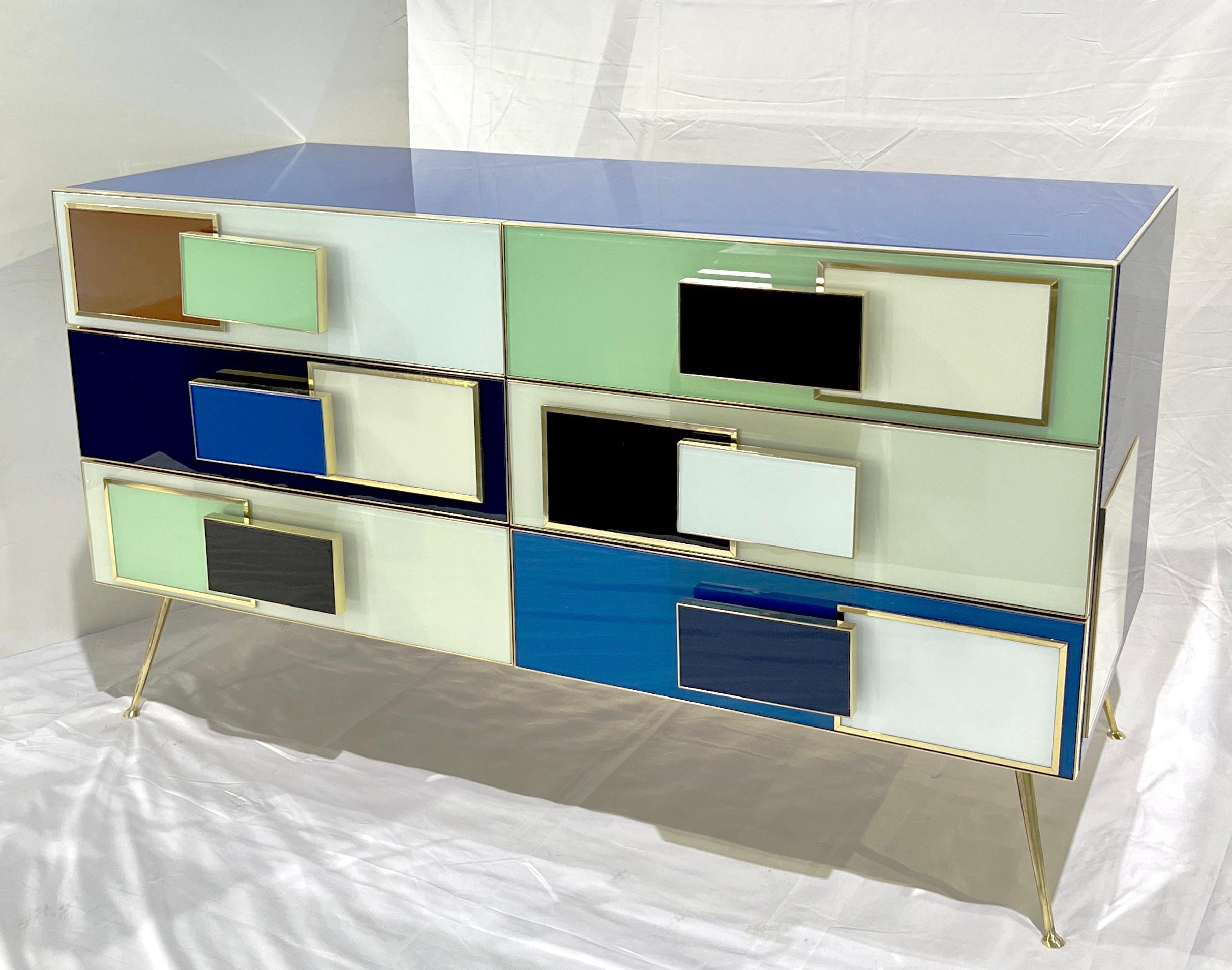 Bespoke Italian Mondrian Style Blue Green White Brown Modern Brass Dresser/Chest For Sale 3