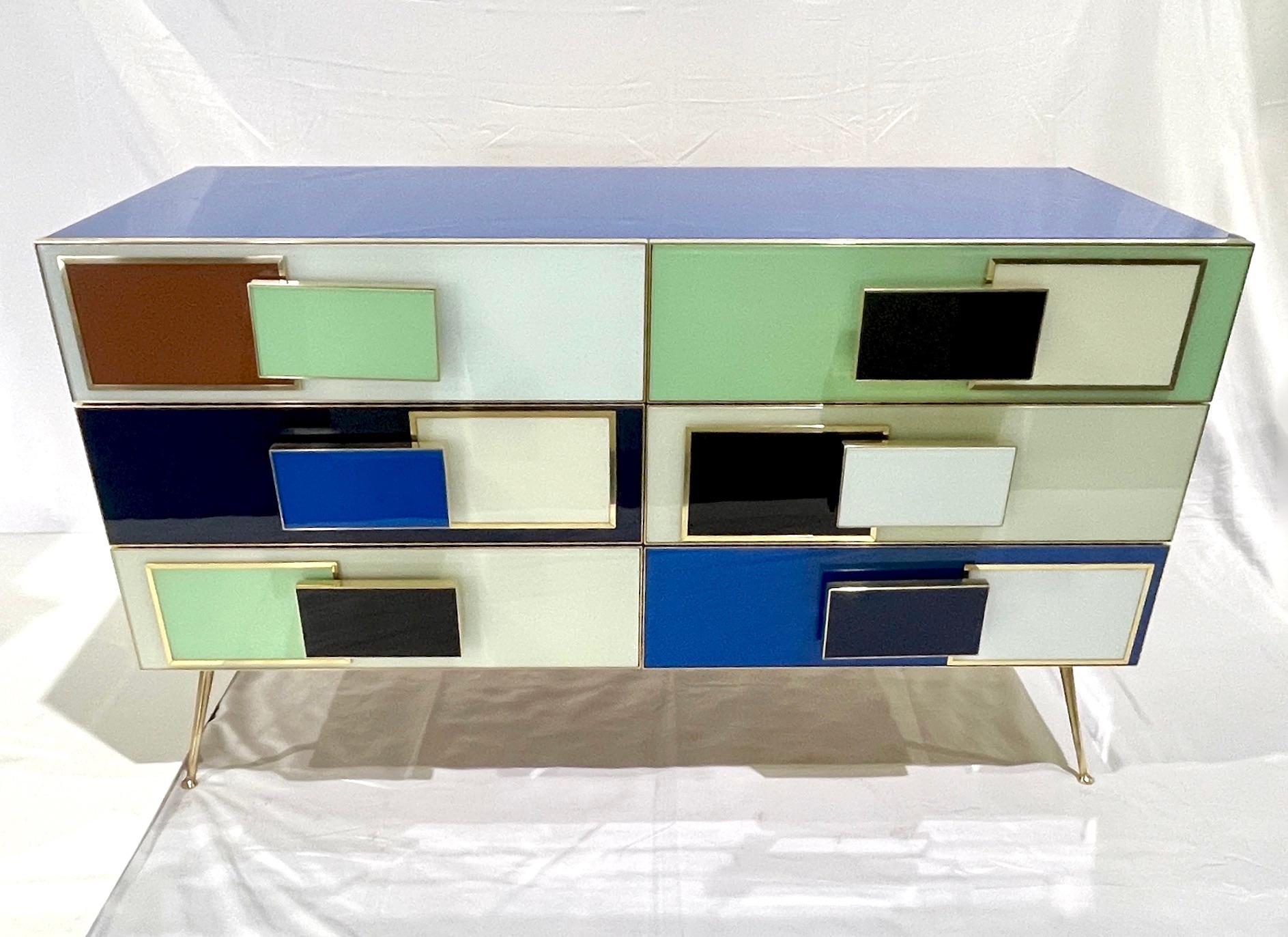 Bespoke Italian Mondrian Style Blue Green White Brown Modern Brass Dresser/Chest For Sale 5
