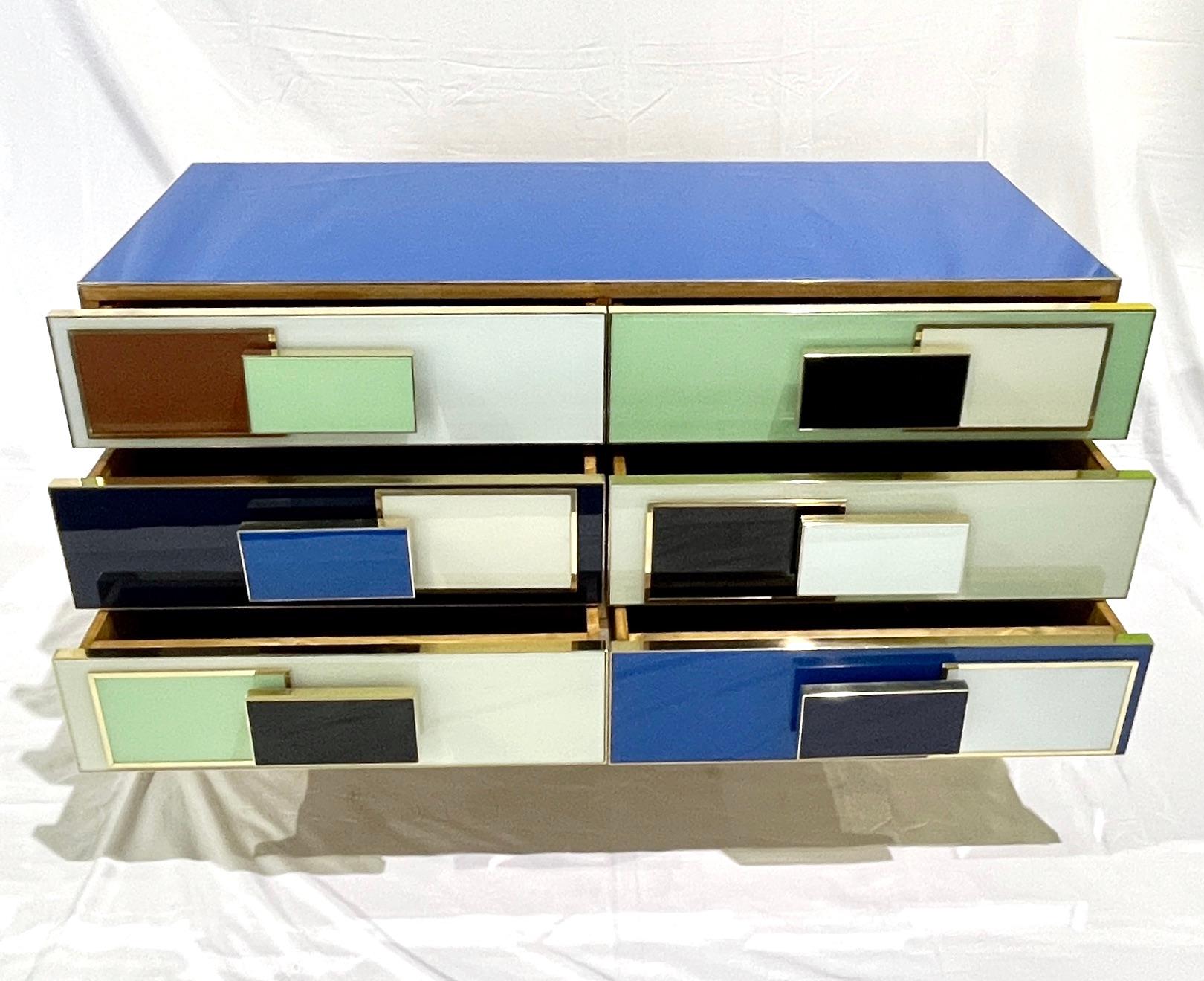 Bespoke Italian Mondrian Style Blue Green White Brown Modern Brass Dresser/Chest For Sale 6
