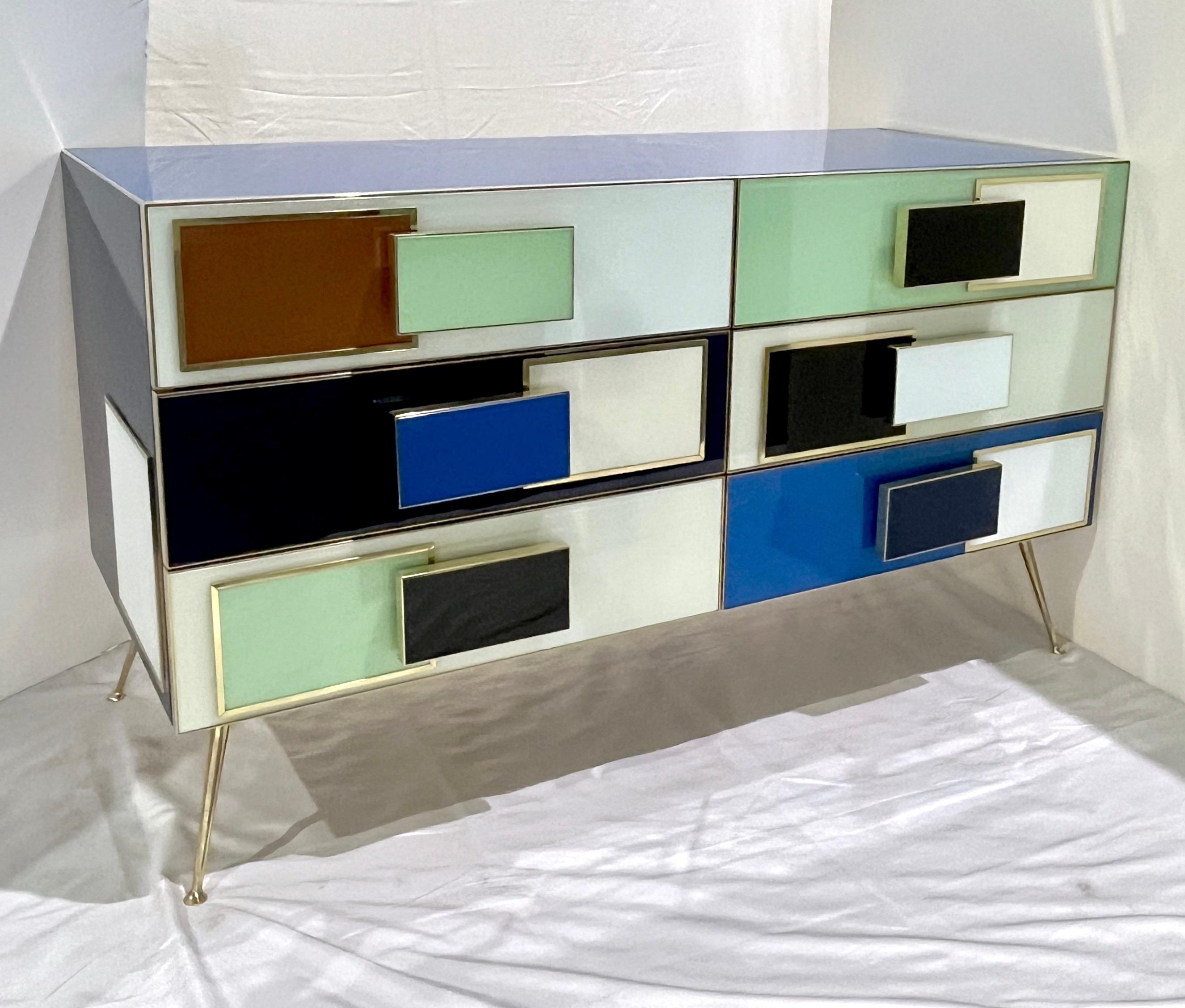 Bespoke Italian Mondrian Style Blue Green White Brown Modern Brass Dresser/Chest For Sale 8