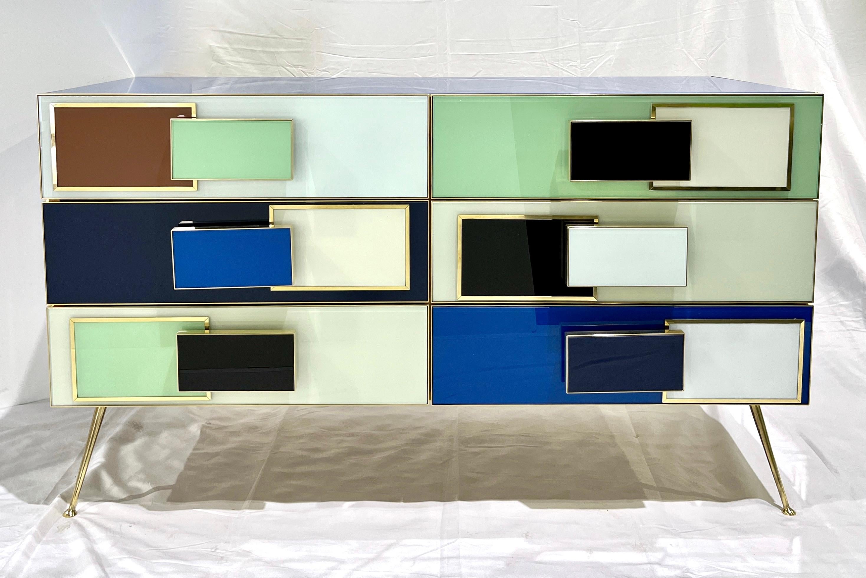 Bespoke Italian Mondrian Style Blue Green White Brown Modern Brass Dresser/Chest For Sale 9