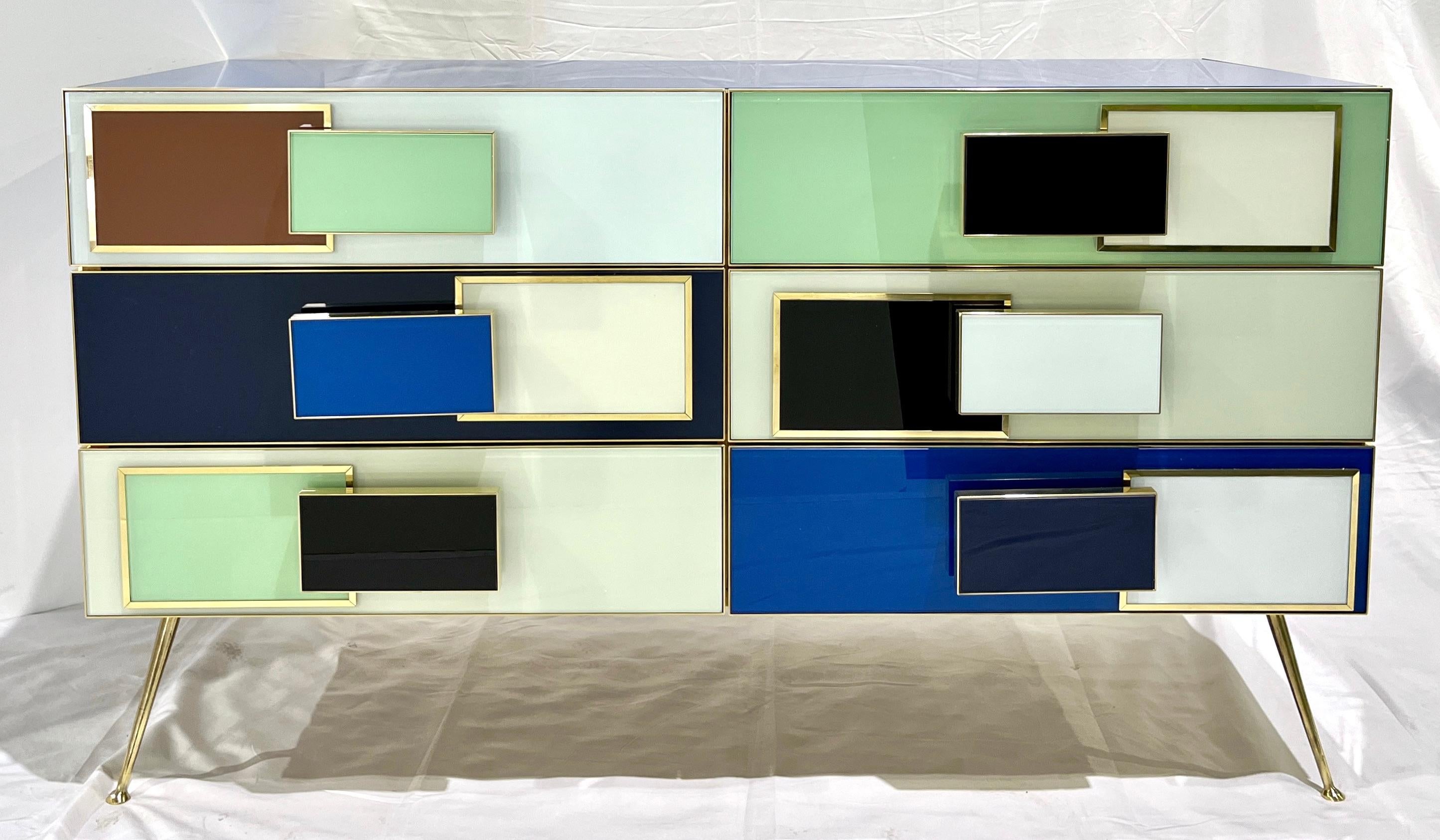 Bespoke Italian Mondrian Style Blue Green White Brown Modern Brass Dresser/Chest For Sale 10