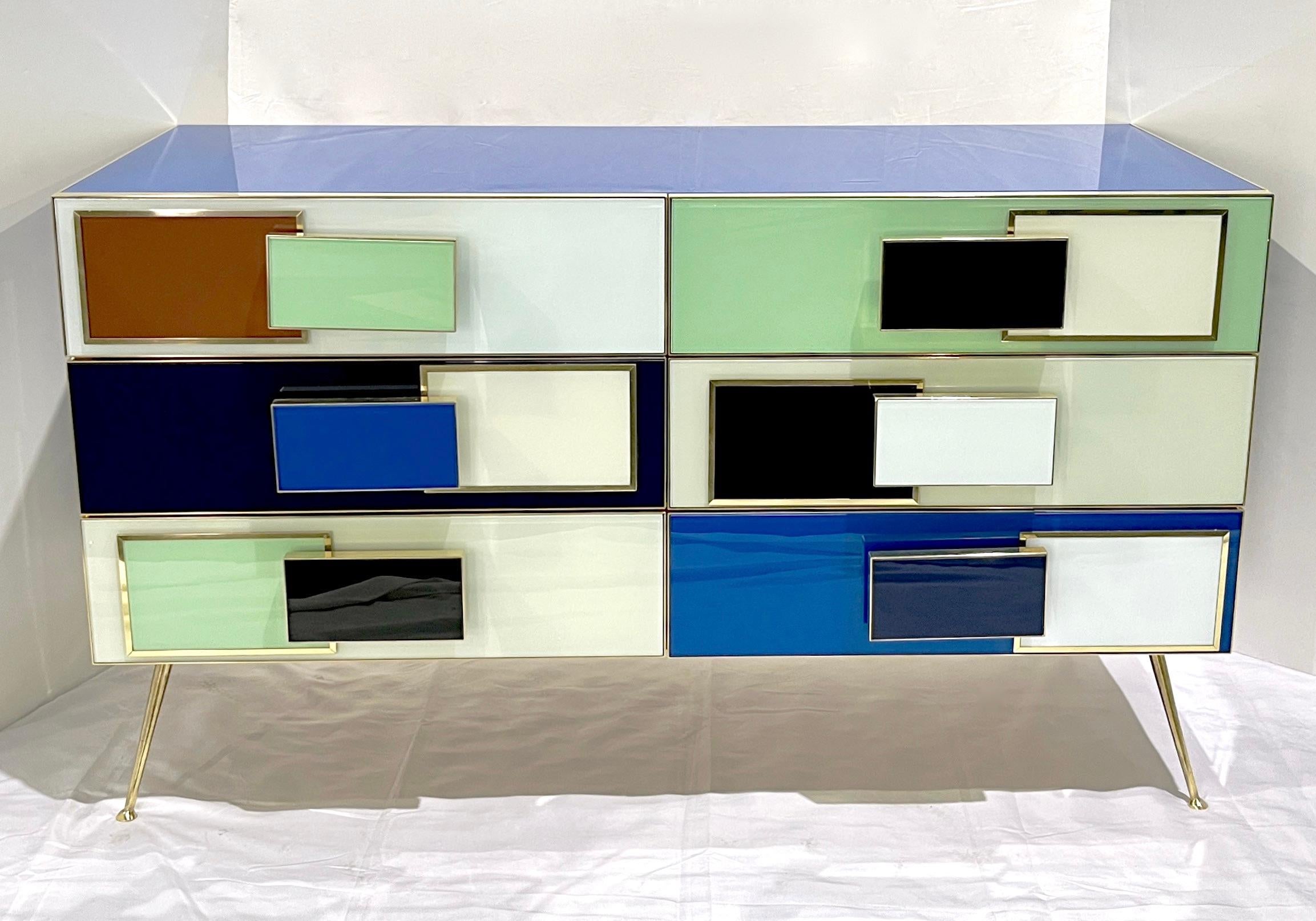 Bespoke Italian Mondrian Style Blue Green White Brown Modern Brass Dresser/Chest For Sale 11