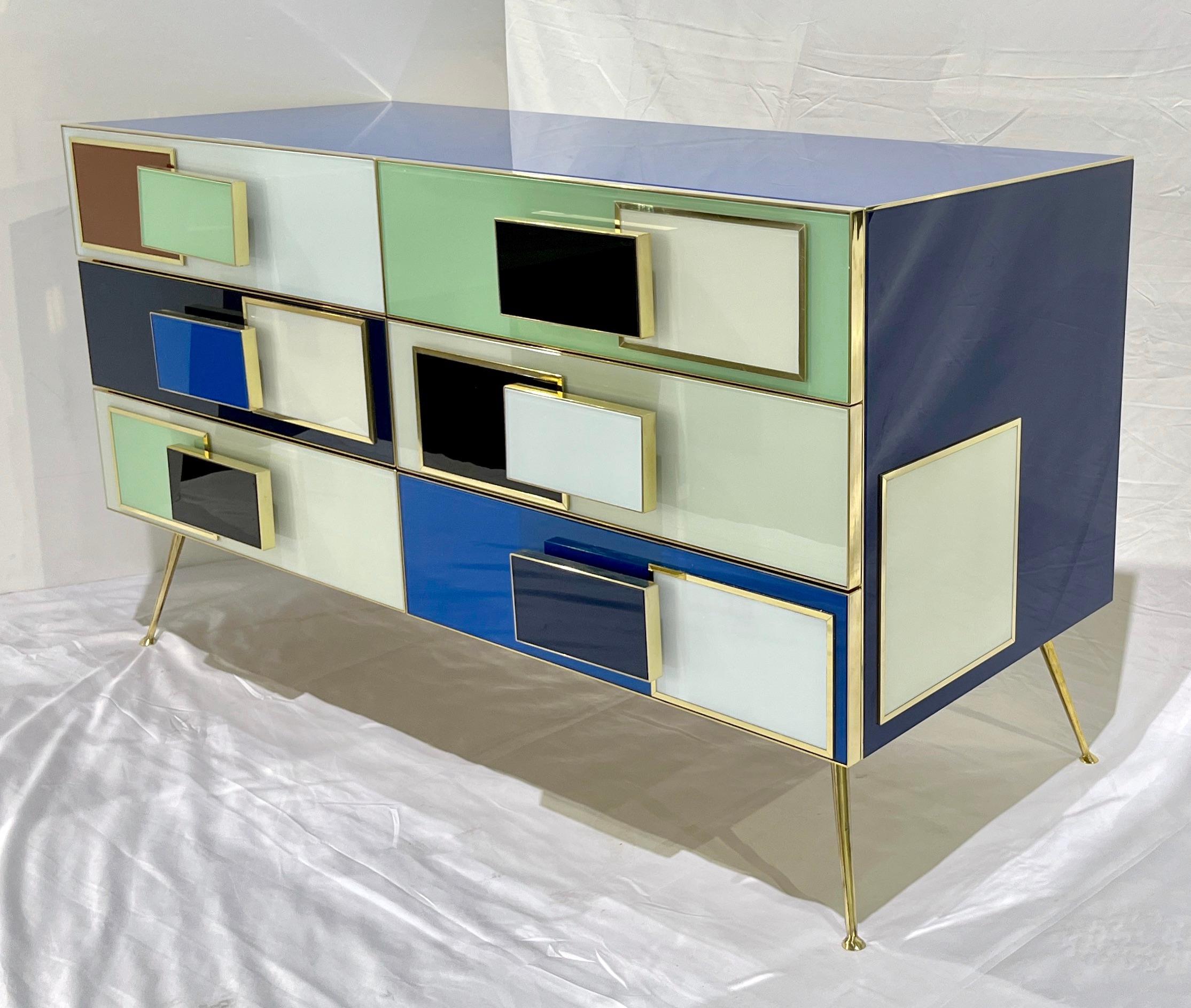 Bespoke Italian Mondrian Style Blue Green White Brown Modern Brass Dresser/Chest For Sale 12