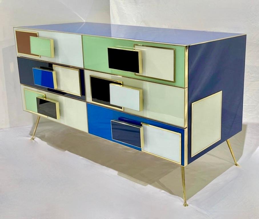 Bespoke Italian Mondrian Style Blue Green White Brown Modern Brass Dresser/Chest For Sale