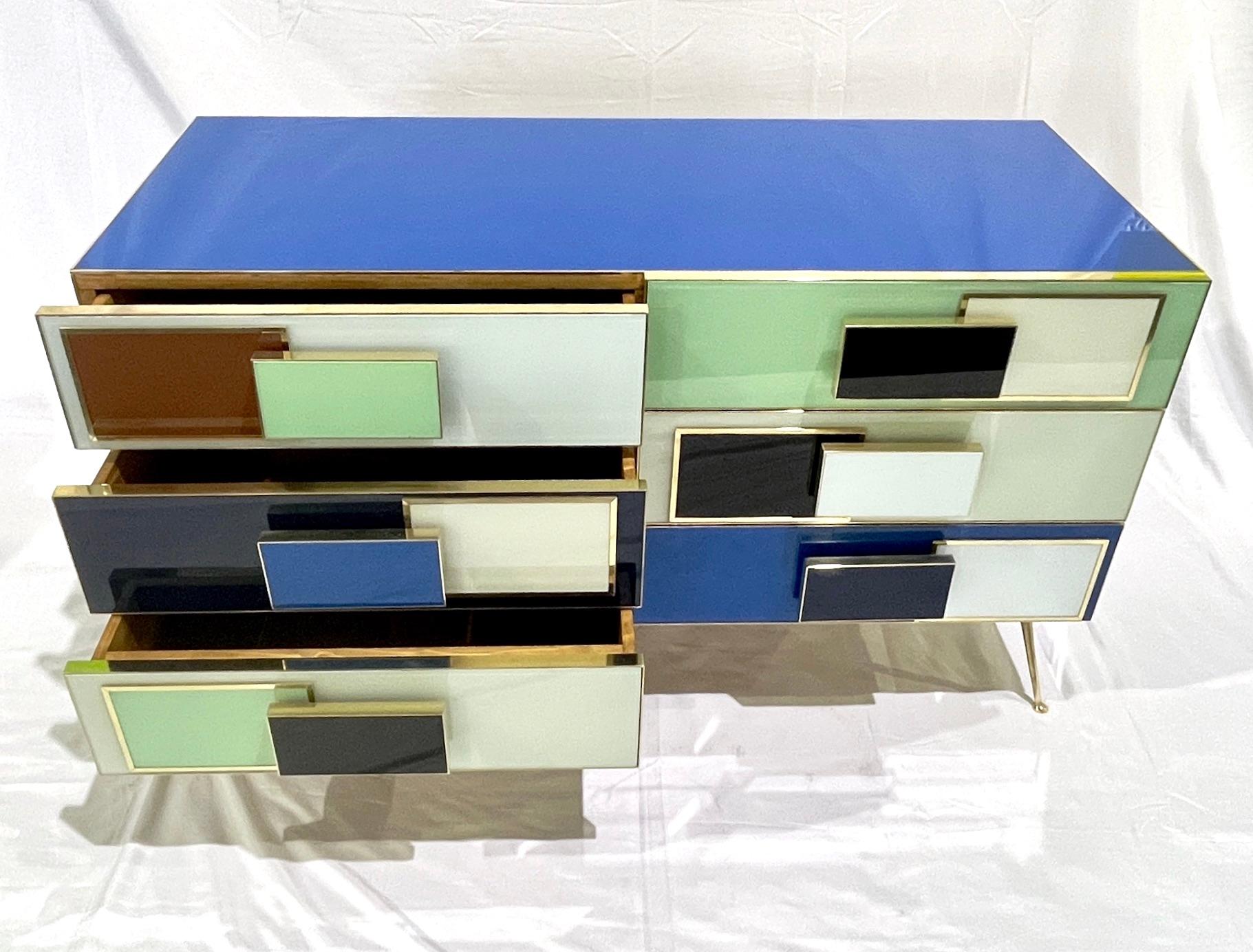 Post-Modern Bespoke Italian Mondrian Style Blue Green White Brown Modern Brass Dresser/Chest For Sale