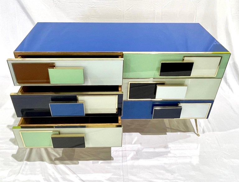 Bespoke Italian Mondrian Style Blue Green White Brown Modern Brass Dresser/ Chest For Sale at 1stDibs