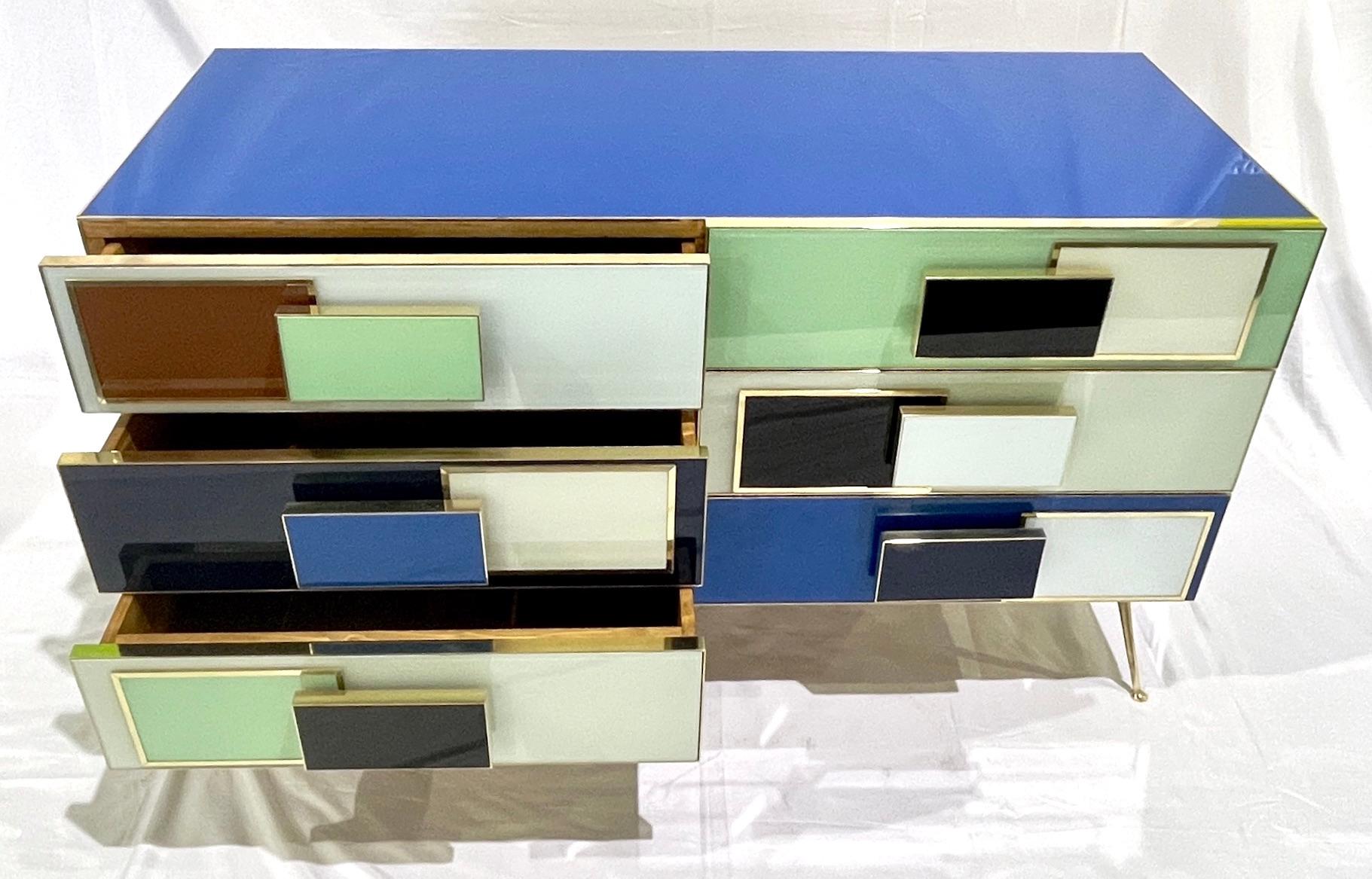 Post-Modern Bespoke Italian Mondrian Style Blue Green White Brown Modern Brass Dresser/Chest For Sale