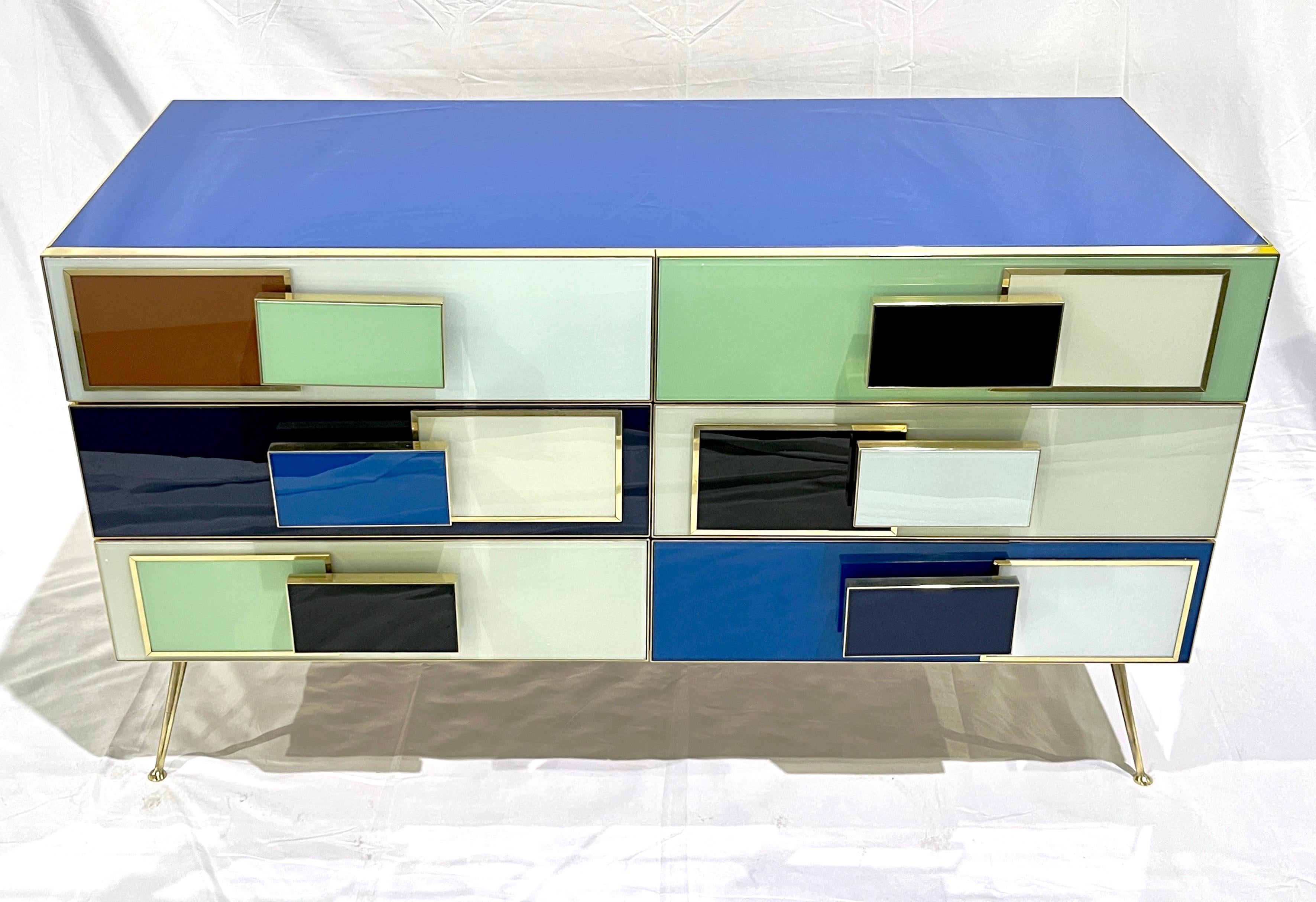 Bespoke Italian Mondrian Style Blue Green White Brown Modern Brass Dresser/Chest In New Condition For Sale In New York, NY