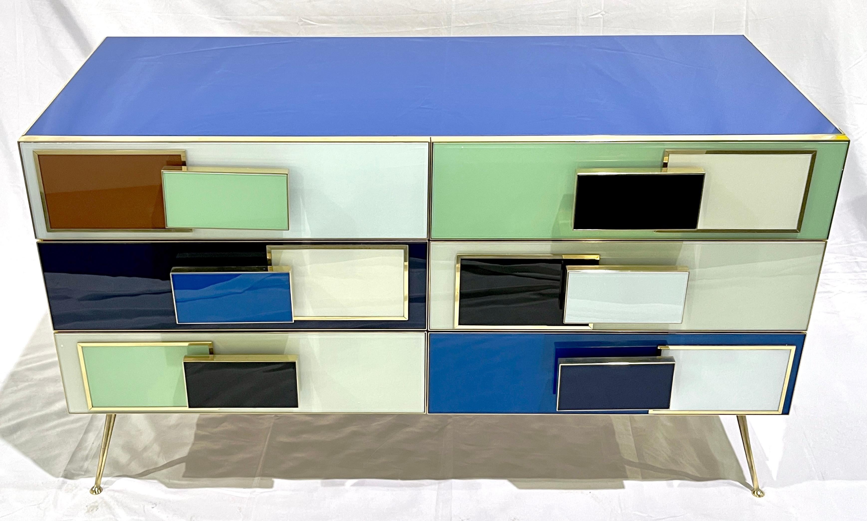 Fait main Commode/château en laiton moderne bleu, vert, blanc et marron de style Mondrian italien sur mesure en vente