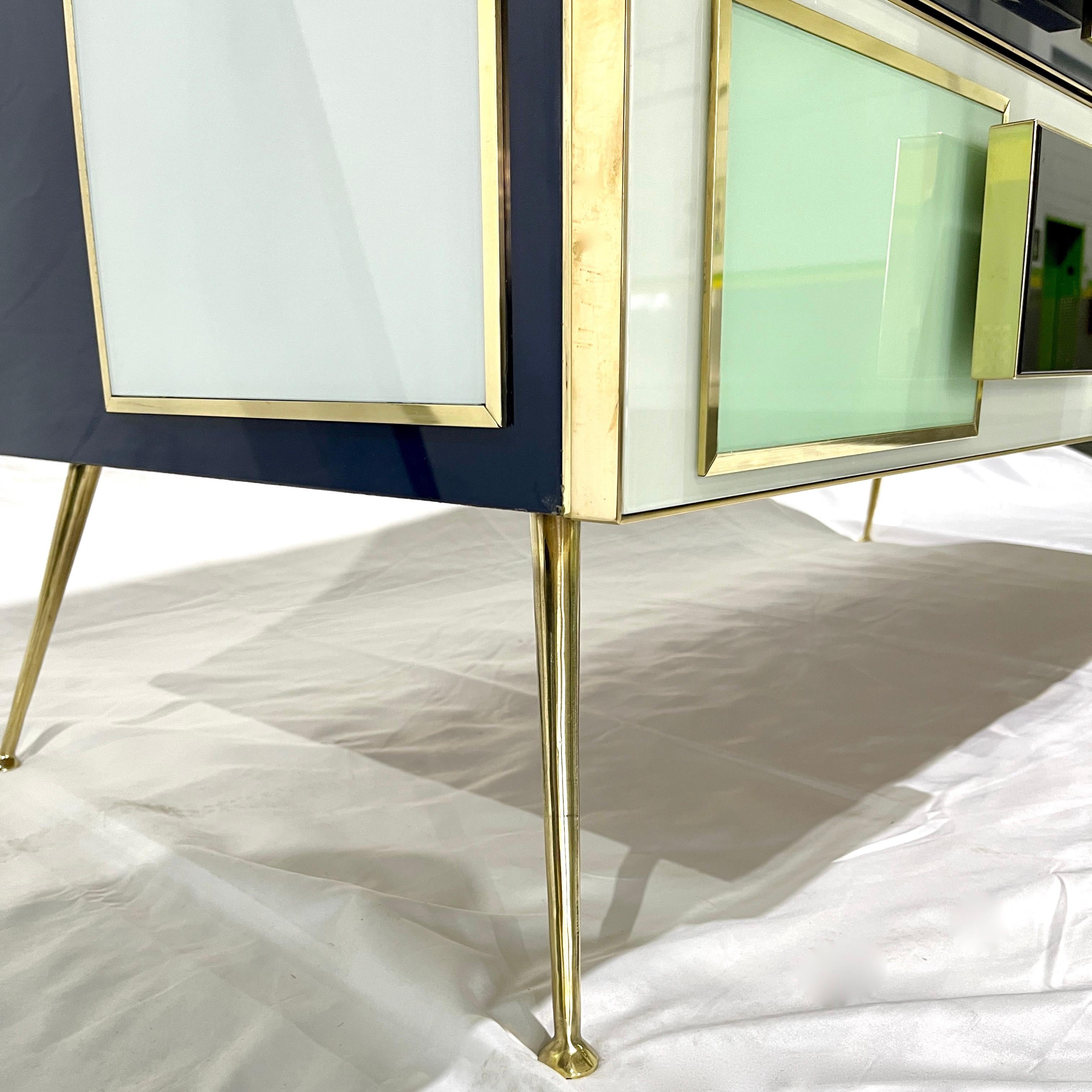 Art Glass Bespoke Italian Mondrian Style Blue Green White Brown Modern Brass Dresser/Chest For Sale