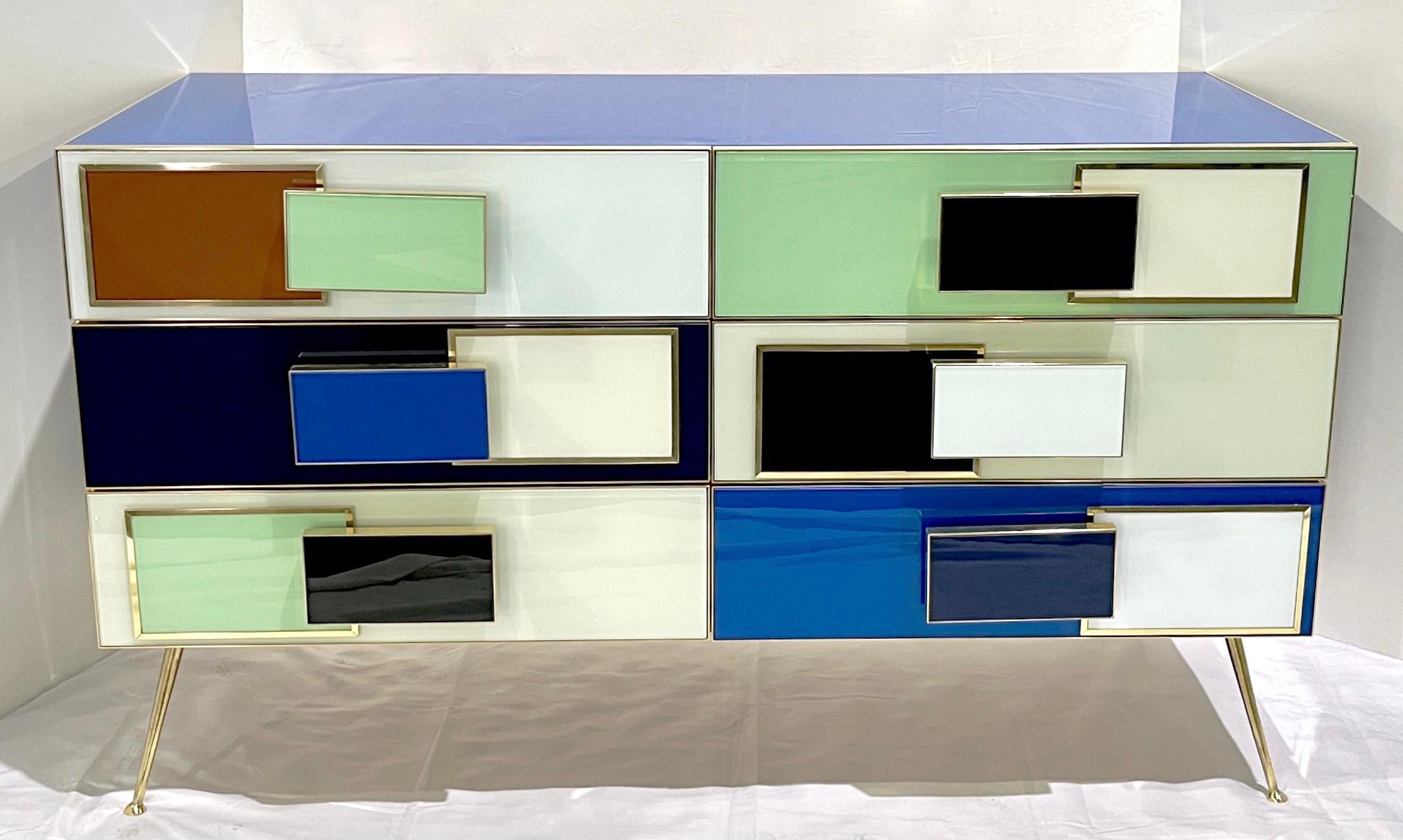 Bespoke Italian Mondrian Style Blue Green White Brown Modern Brass Dresser/Chest For Sale 3