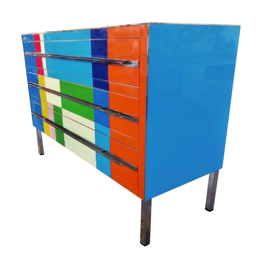 Hand-Crafted Bespoke Italian Mondrian Style Blue Green Yellow White Pink Modern Dresser/Chest