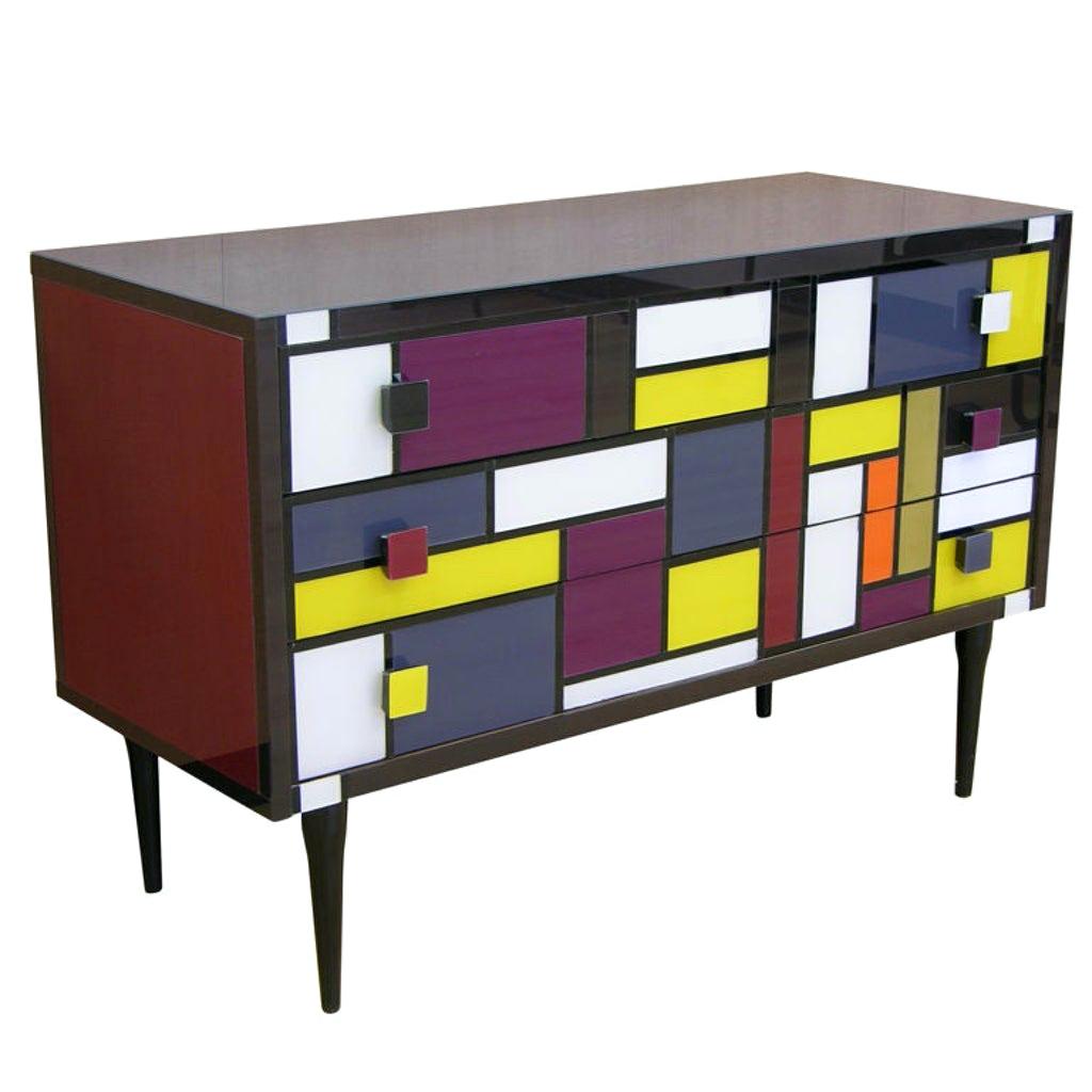 Bespoke Italian Mondrian Style Geometric Multi-Color Glass Credenza / Sideboard