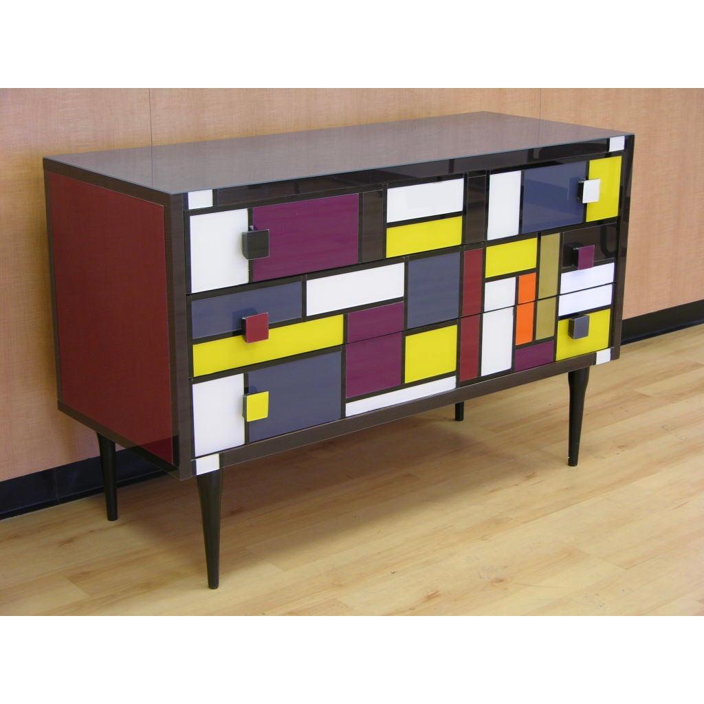 Expressionist Bespoke Italian Mondrian Style Geometric Multi-Color Glass Credenza / Sideboard