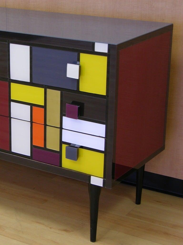 Hand-Crafted Bespoke Italian Mondrian Style Geometric Multi-Color Glass Credenza / Sideboard