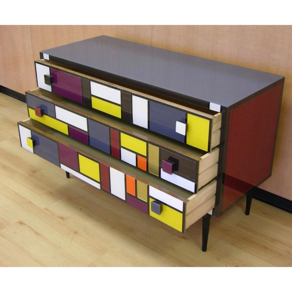 Bespoke Italian Mondrian Style Geometric Multi-Color Glass Credenza / Sideboard In New Condition In New York, NY