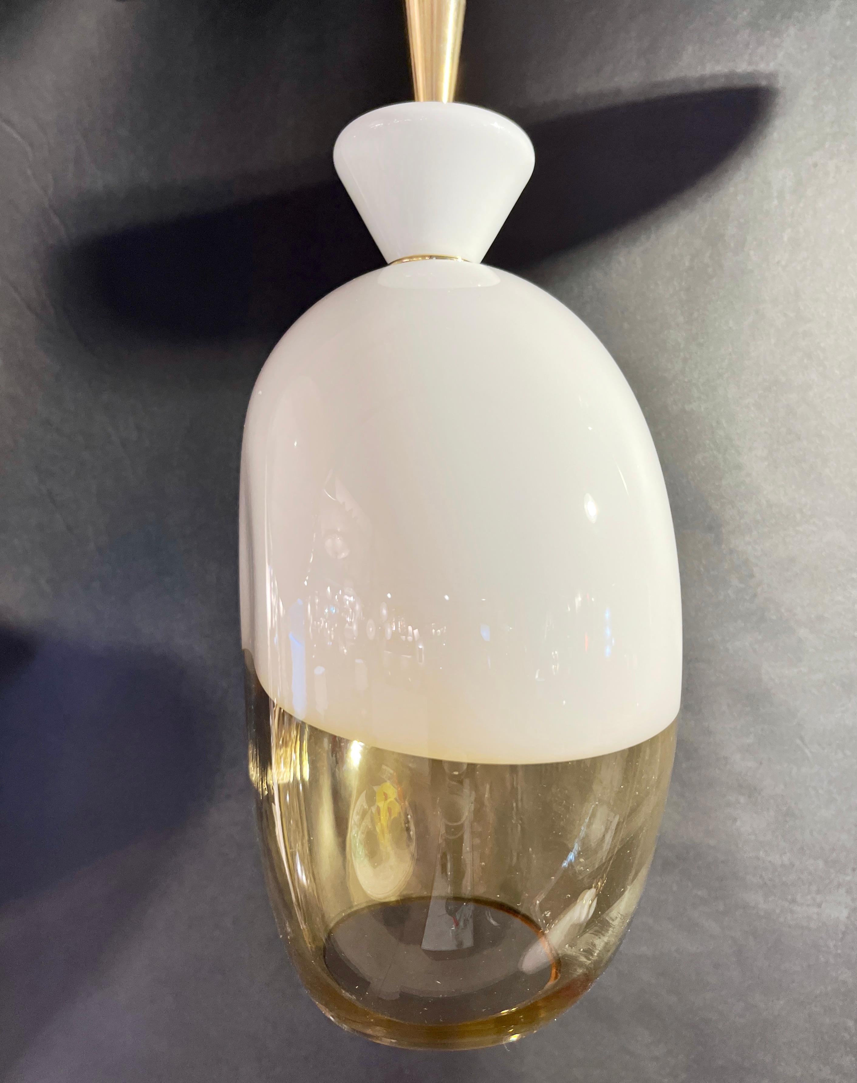 Art Glass Bespoke Italian Organic Amber White Flat Spheroid Murano Glass Pendant Light For Sale