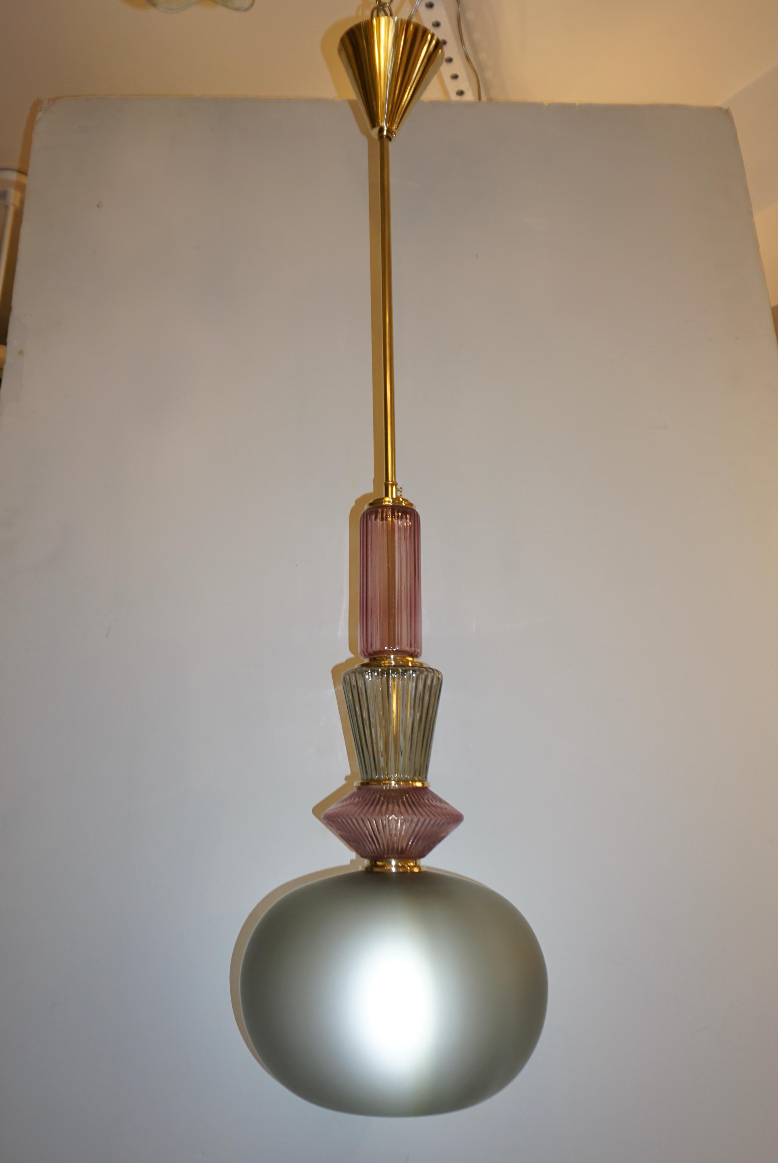 Bespoke Italian Organic Amethyst Gray Green Murano Glass Brass Pendant Light For Sale 4