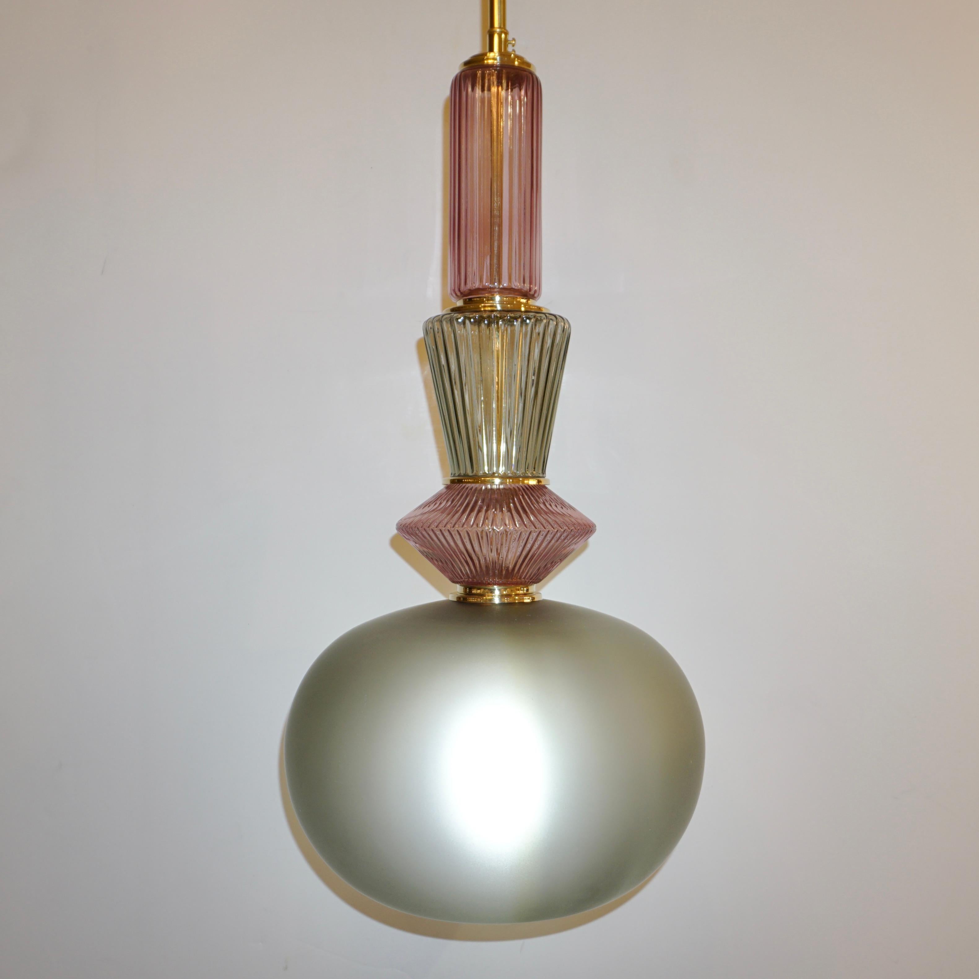 Bespoke Italian Organic Amethyst Gray Green Murano Glass Brass Pendant Light For Sale 6