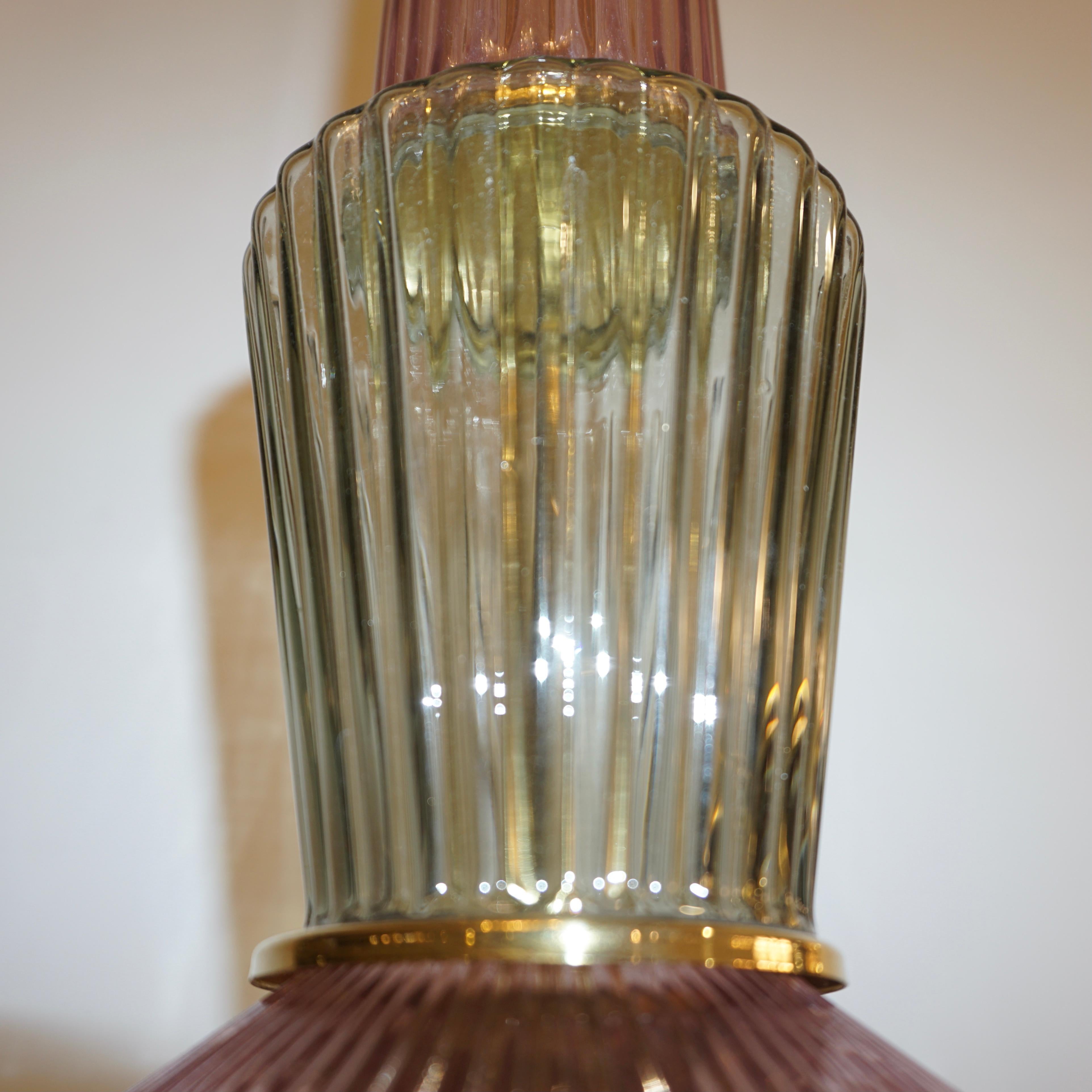 Bespoke Italian Organic Amethyst Gray Green Murano Glass Brass Pendant Light In New Condition For Sale In New York, NY