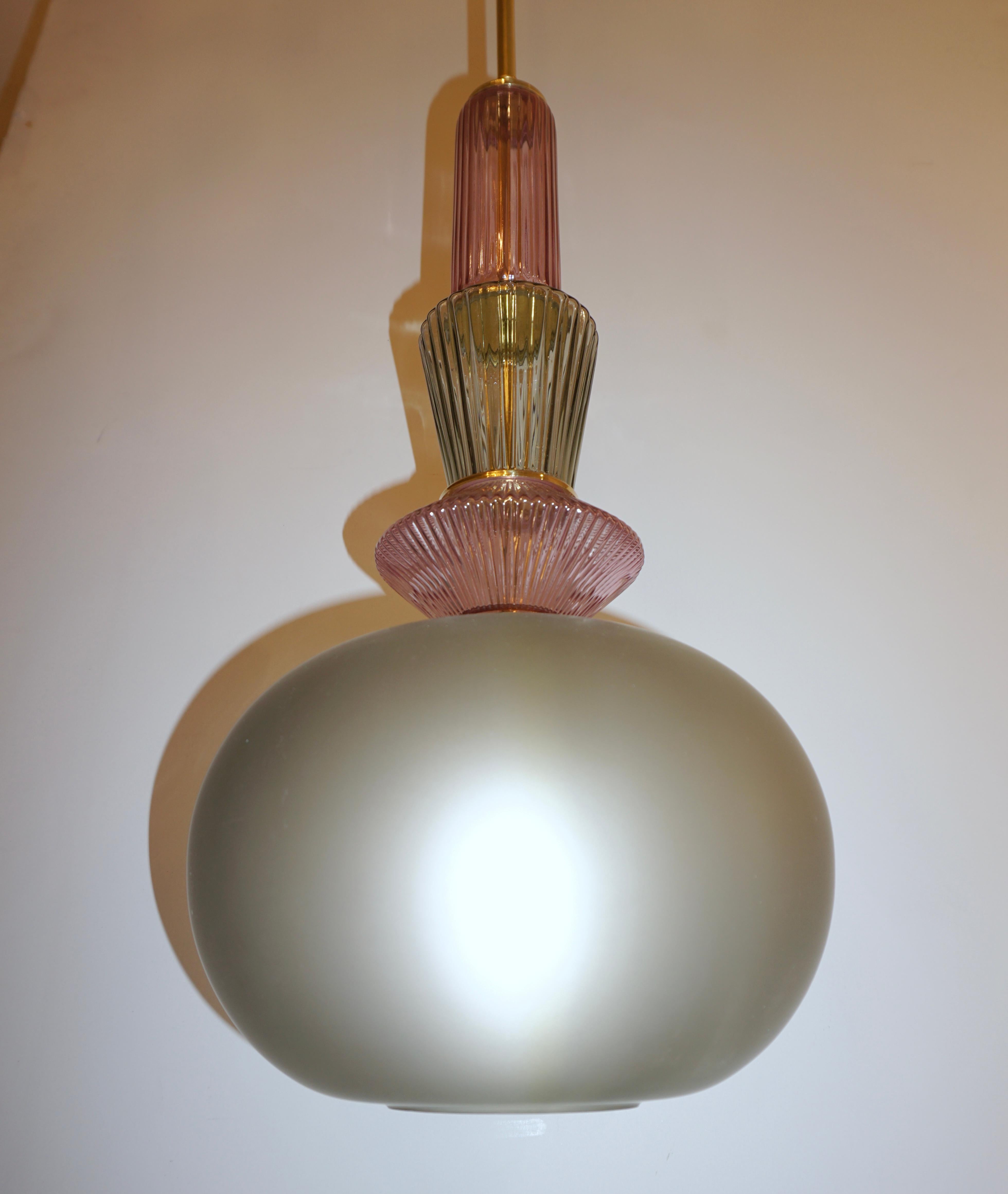 Bespoke Italian Organic Amethyst Gray Green Murano Glass Brass Pendant Light For Sale 3