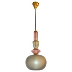 Bespoke Italian Organic Amethyst Gray Green Murano Glass Brass Pendant Light