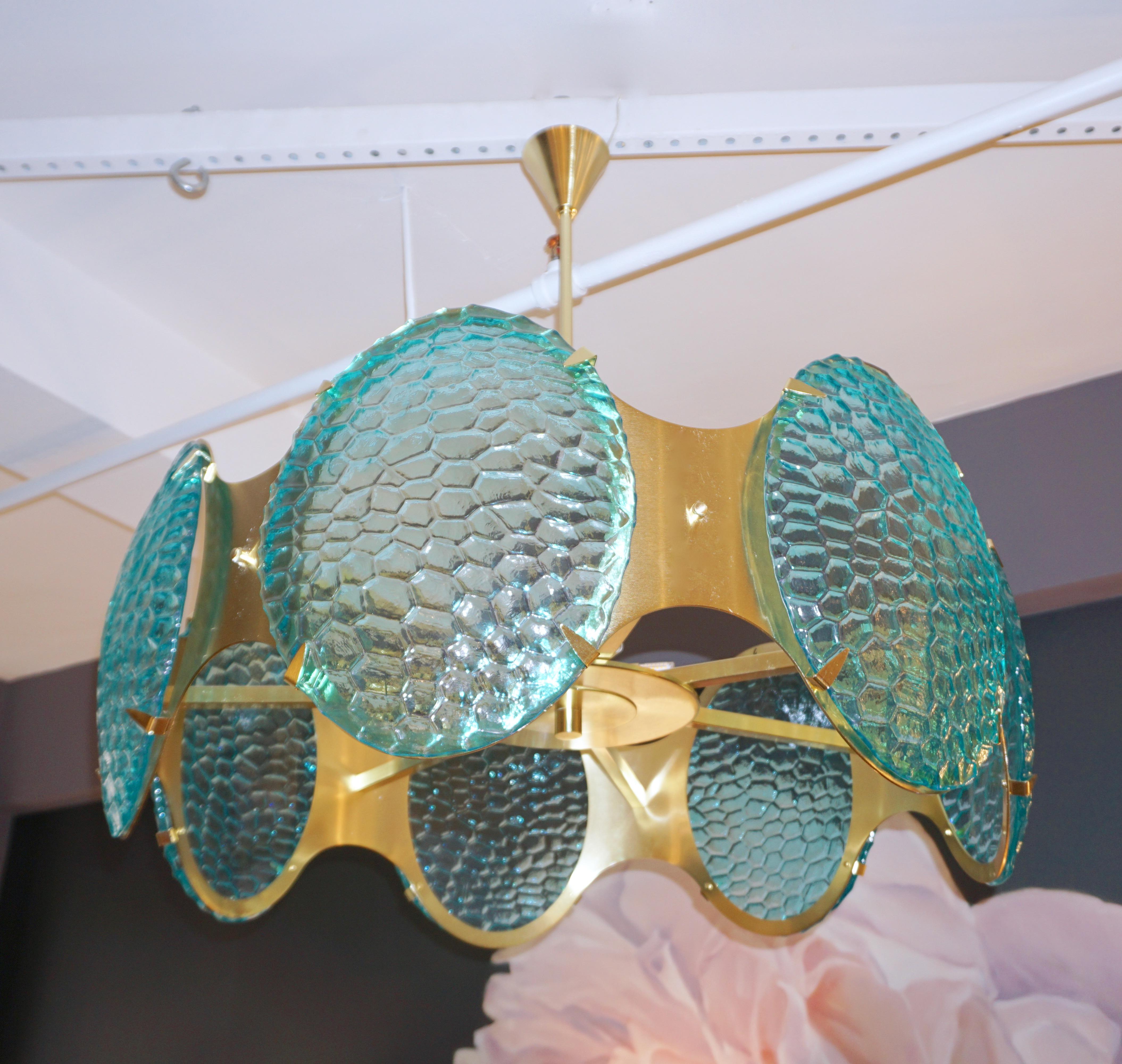Bespoke Italian Aquamarine Murano Glass Round Brass Chandelier / Flushmount For Sale 5