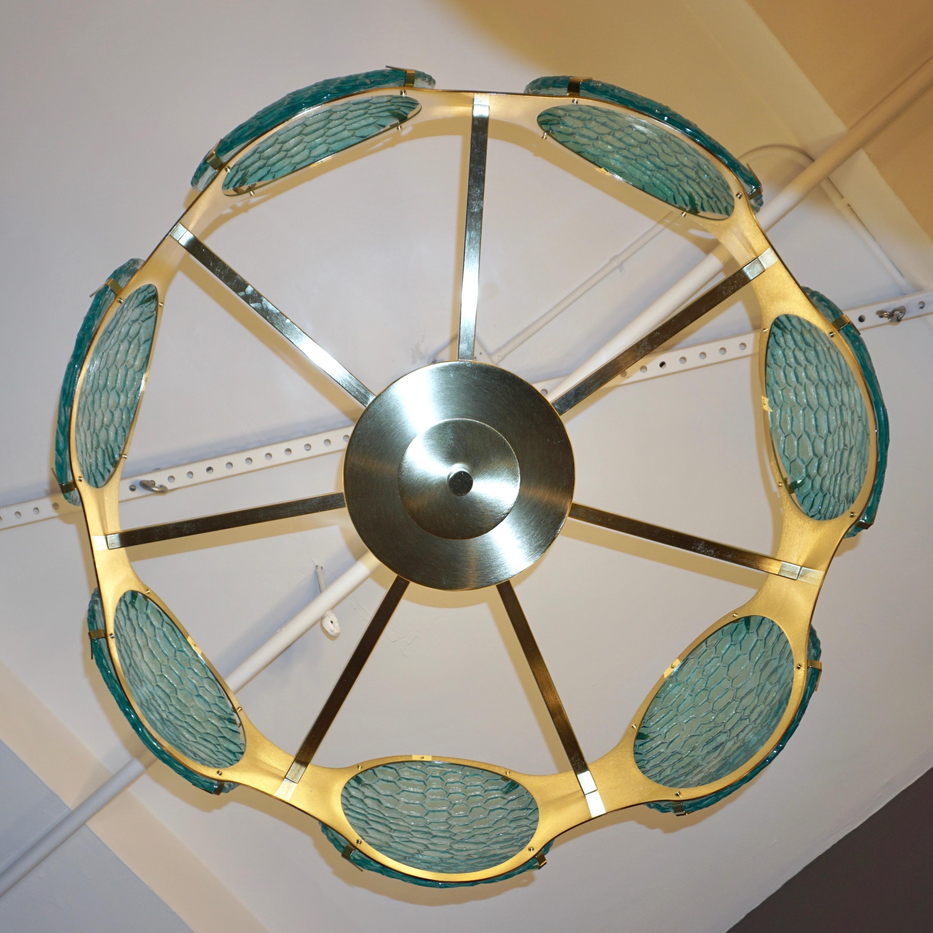 Bespoke Italian Aquamarine Murano Glass Round Brass Chandelier / Flushmount For Sale 6