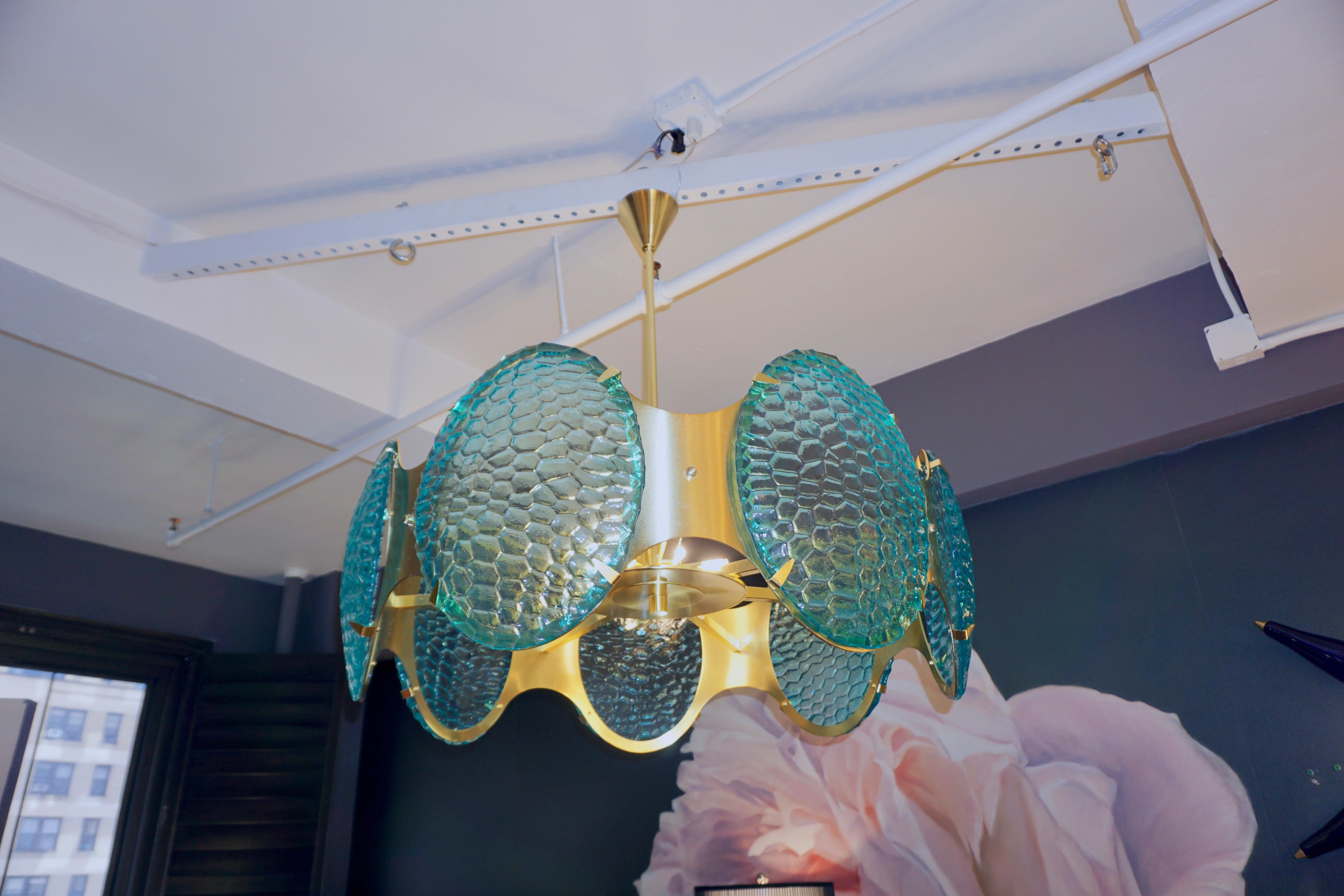 Bespoke Italian Aquamarine Murano Glass Round Brass Chandelier / Flushmount For Sale 9